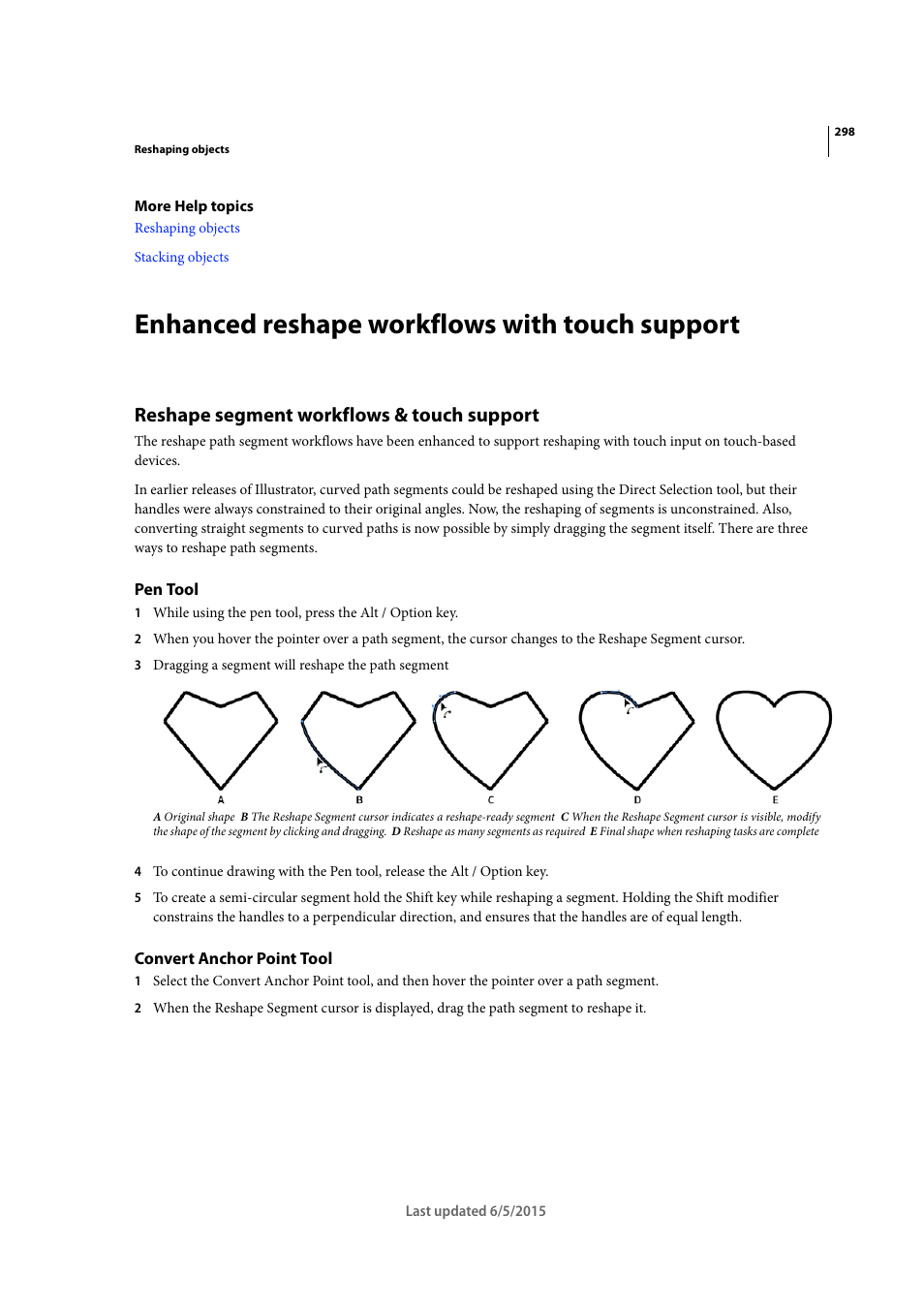 Enhanced reshape workflows with touch support, Reshape segment workflows & touch support, Pen tool | Convert anchor point tool | Adobe Illustrator CC 2015 User Manual | Page 303 / 556