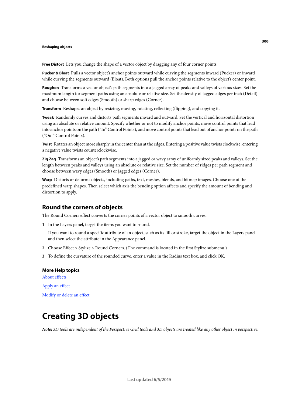 Round the corners of objects, Creating 3d objects | Adobe Illustrator CC 2015 User Manual | Page 305 / 556