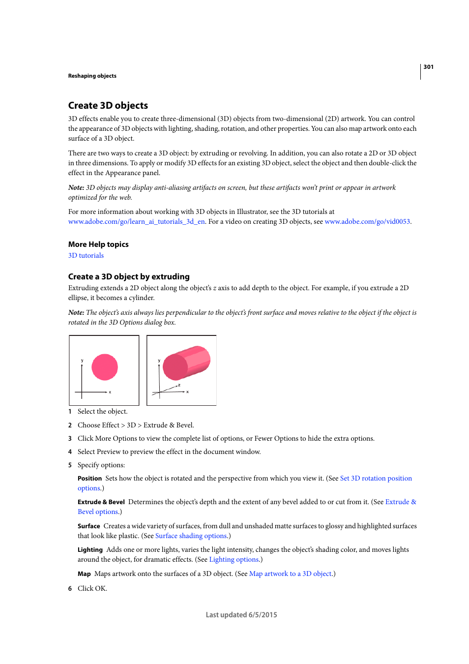 Create 3d objects, Create a 3d object by extruding | Adobe Illustrator CC 2015 User Manual | Page 306 / 556