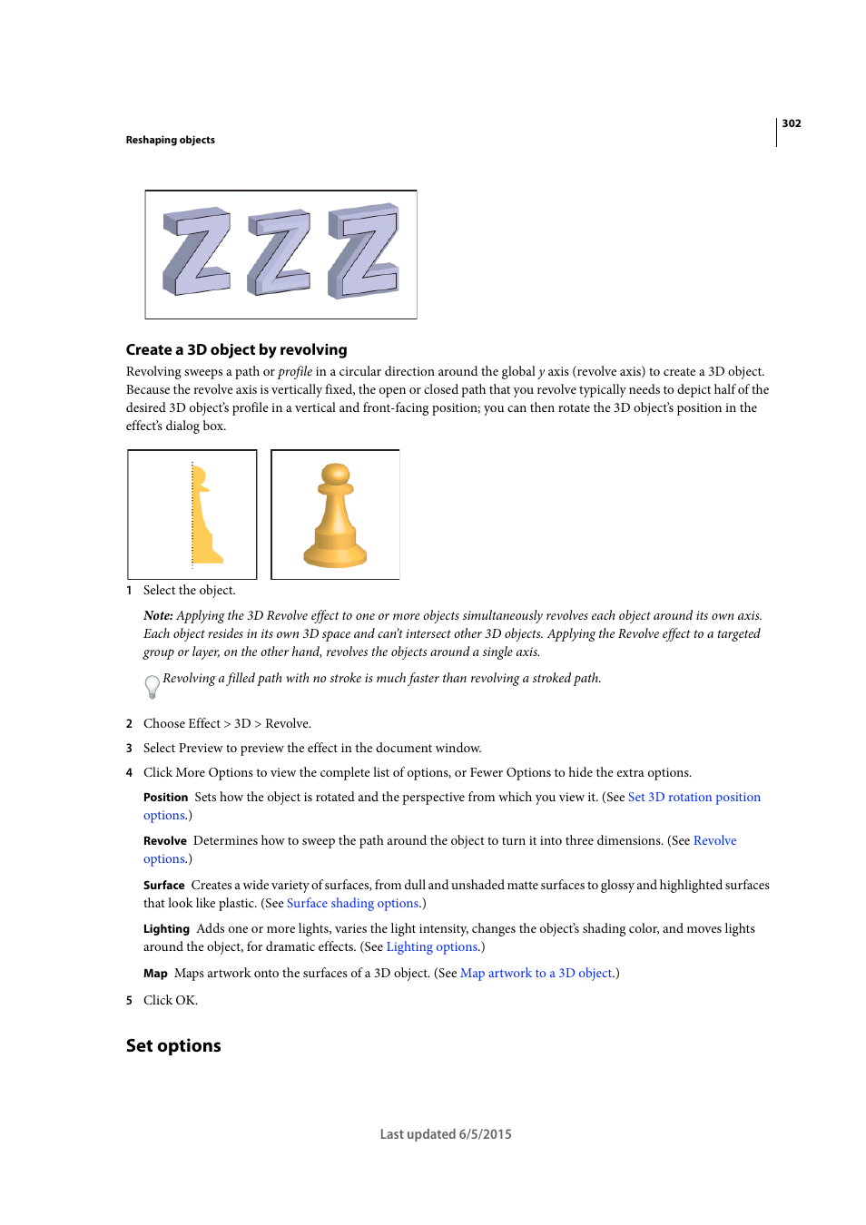 Create a 3d object by revolving, Set options | Adobe Illustrator CC 2015 User Manual | Page 307 / 556