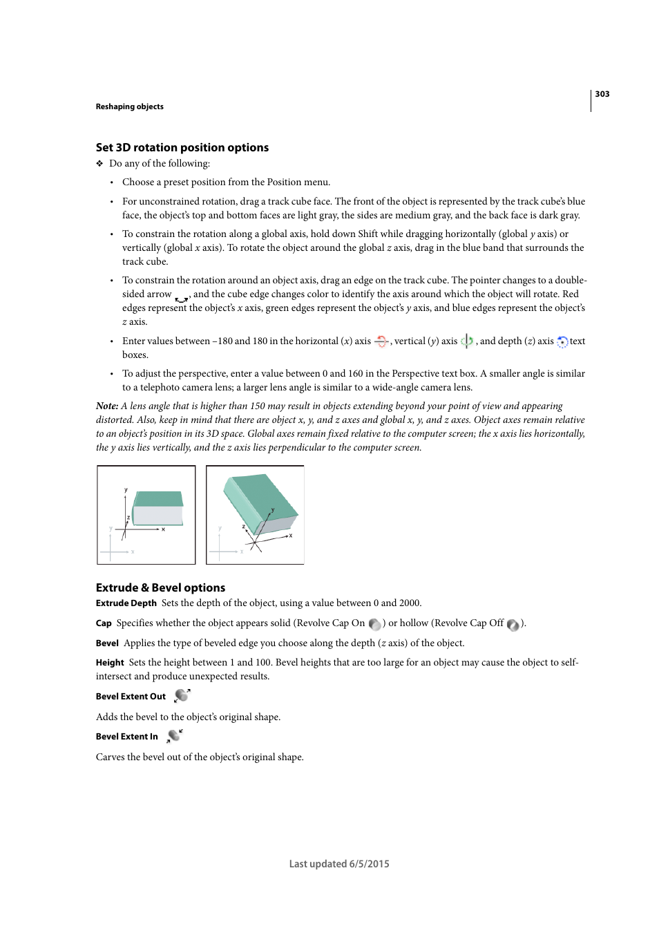 Set 3d rotation position options, Extrude & bevel options, Set 3d rotation position | Options, Extrude, Bevel options | Adobe Illustrator CC 2015 User Manual | Page 308 / 556