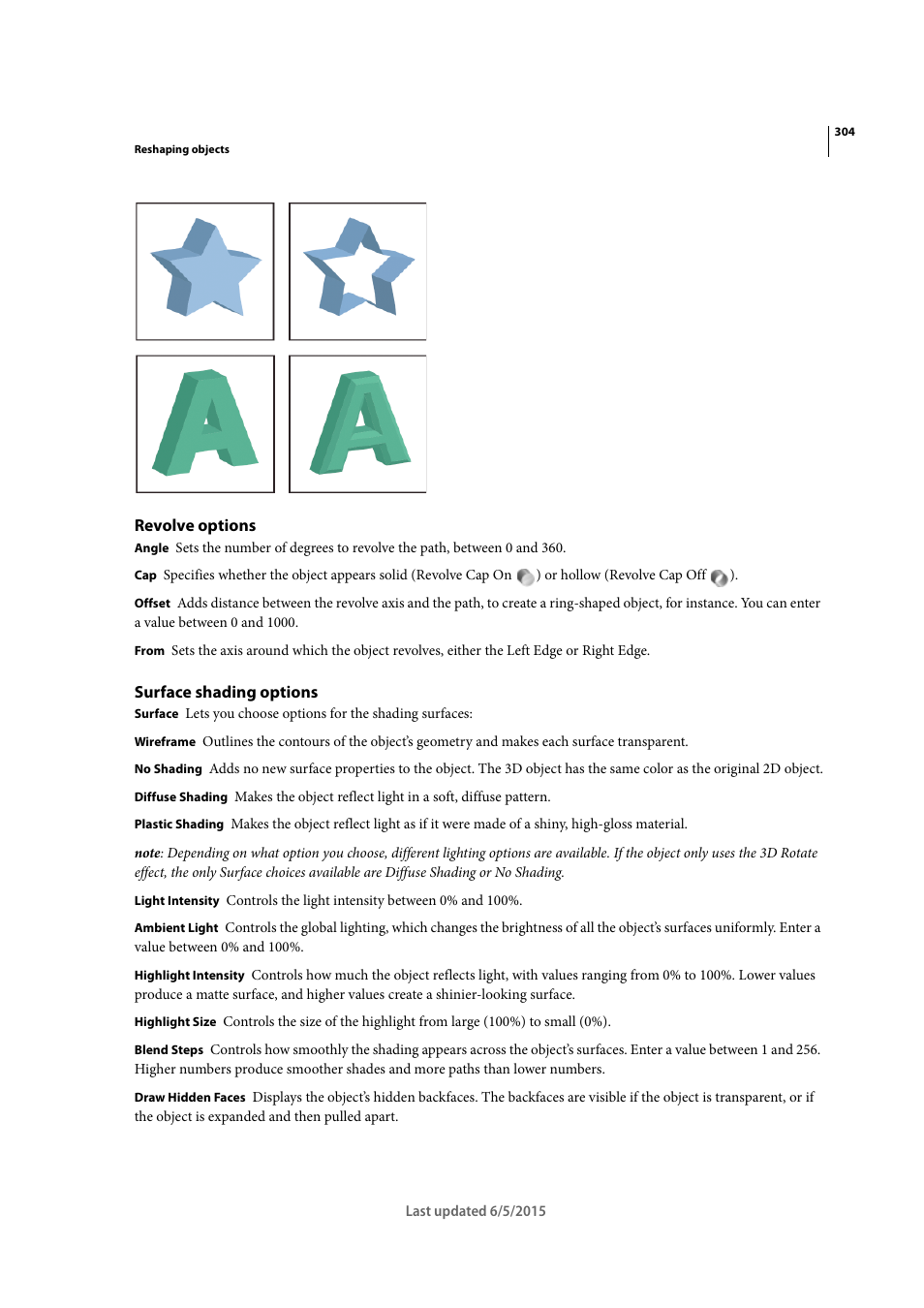 Revolve options, Surface shading options, Revolve | Options | Adobe Illustrator CC 2015 User Manual | Page 309 / 556