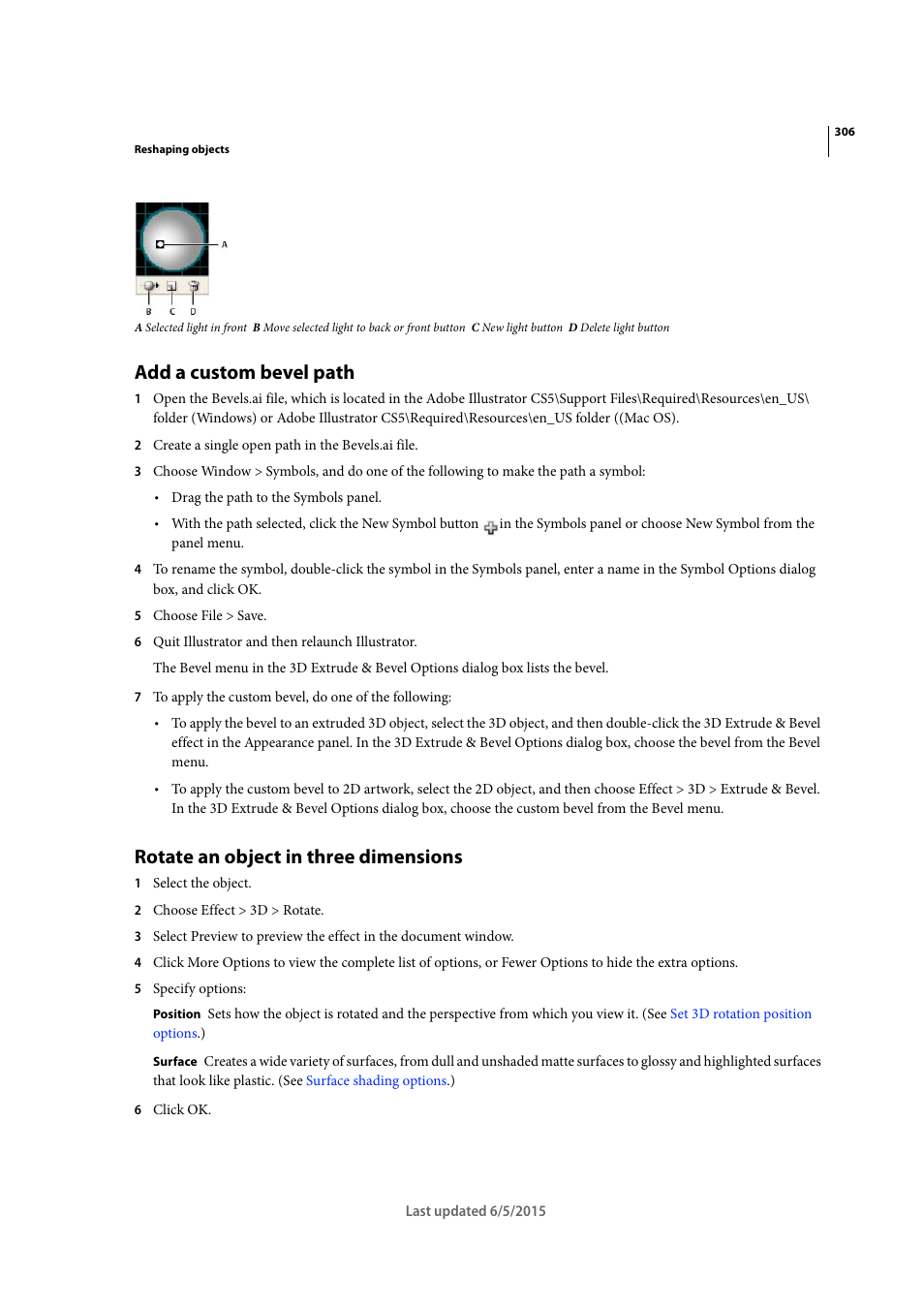 Add a custom bevel path, Rotate an object in three dimensions | Adobe Illustrator CC 2015 User Manual | Page 311 / 556