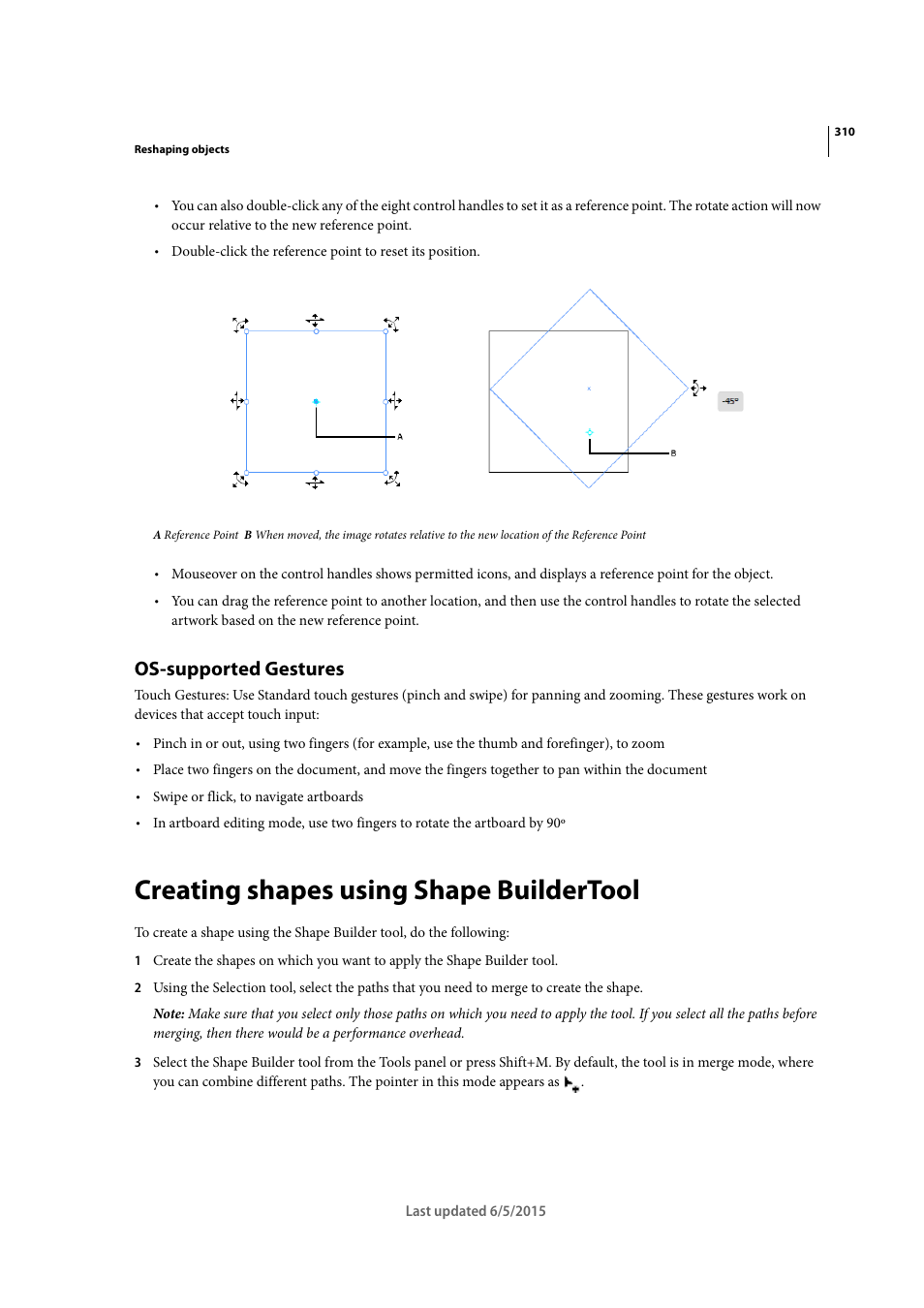 Os-supported gestures, Creating shapes using shape buildertool | Adobe Illustrator CC 2015 User Manual | Page 315 / 556