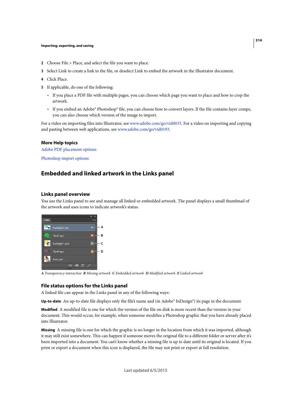 Embedded and linked artwork in the links panel, Links panel overview, File status options for the links panel | Adobe Illustrator CC 2015 User Manual | Page 319 / 556