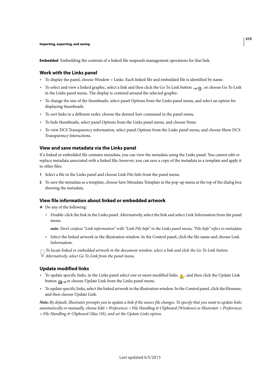 Work with the links panel, View and save metadata via the links panel, Update modified links | Adobe Illustrator CC 2015 User Manual | Page 320 / 556