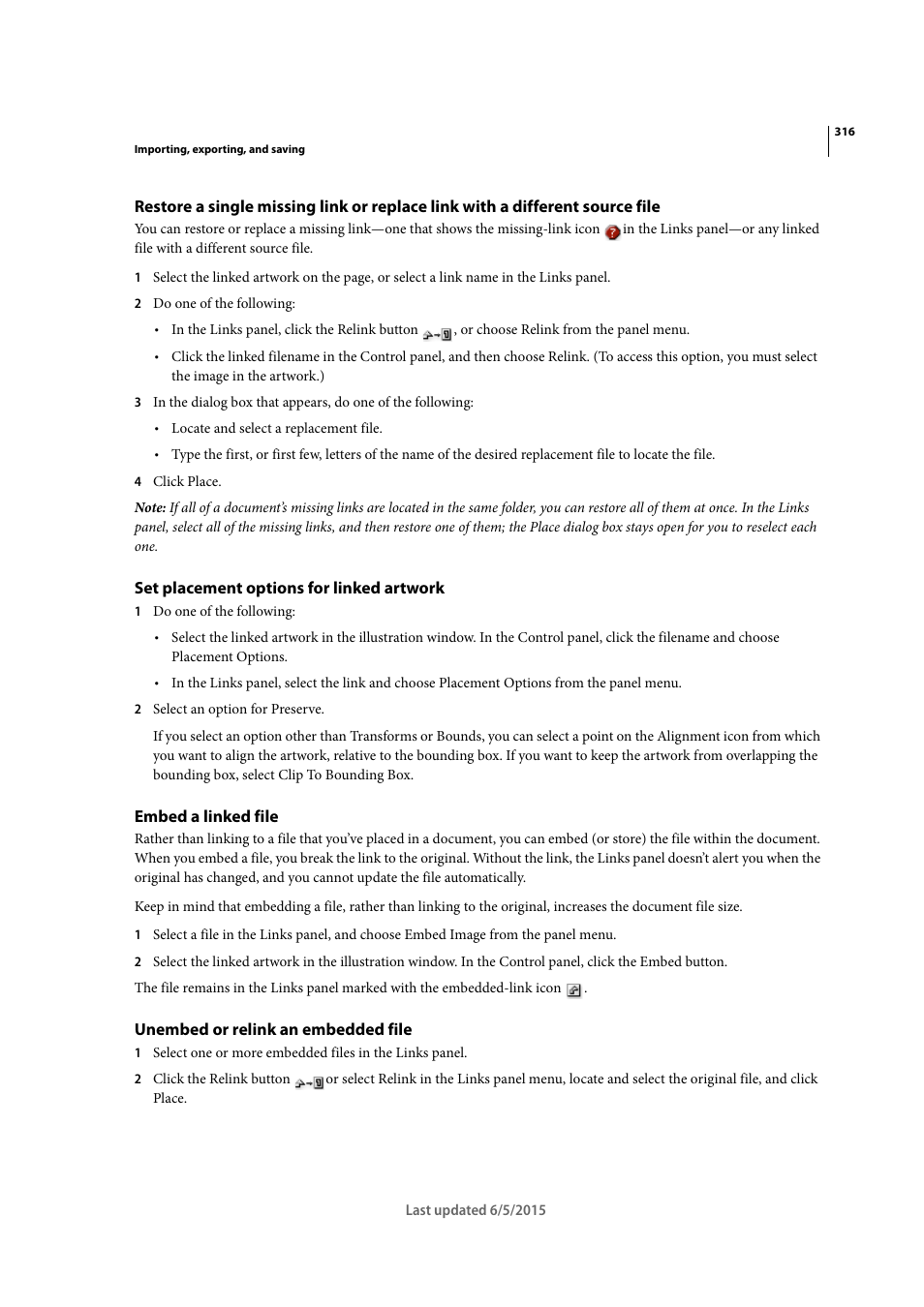 Set placement options for linked artwork, Embed a linked file, Unembed or relink an embedded file | Adobe Illustrator CC 2015 User Manual | Page 321 / 556