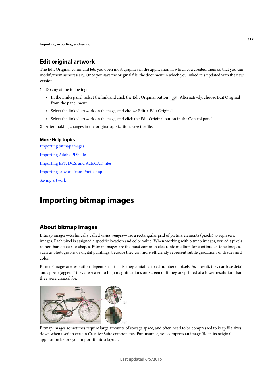 Edit original artwork, Importing bitmap images, About bitmap images | Adobe Illustrator CC 2015 User Manual | Page 322 / 556