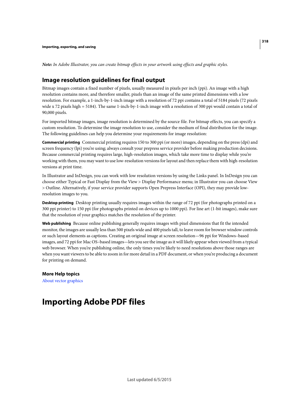 Image resolution guidelines for final output, Importing adobe pdf files | Adobe Illustrator CC 2015 User Manual | Page 323 / 556