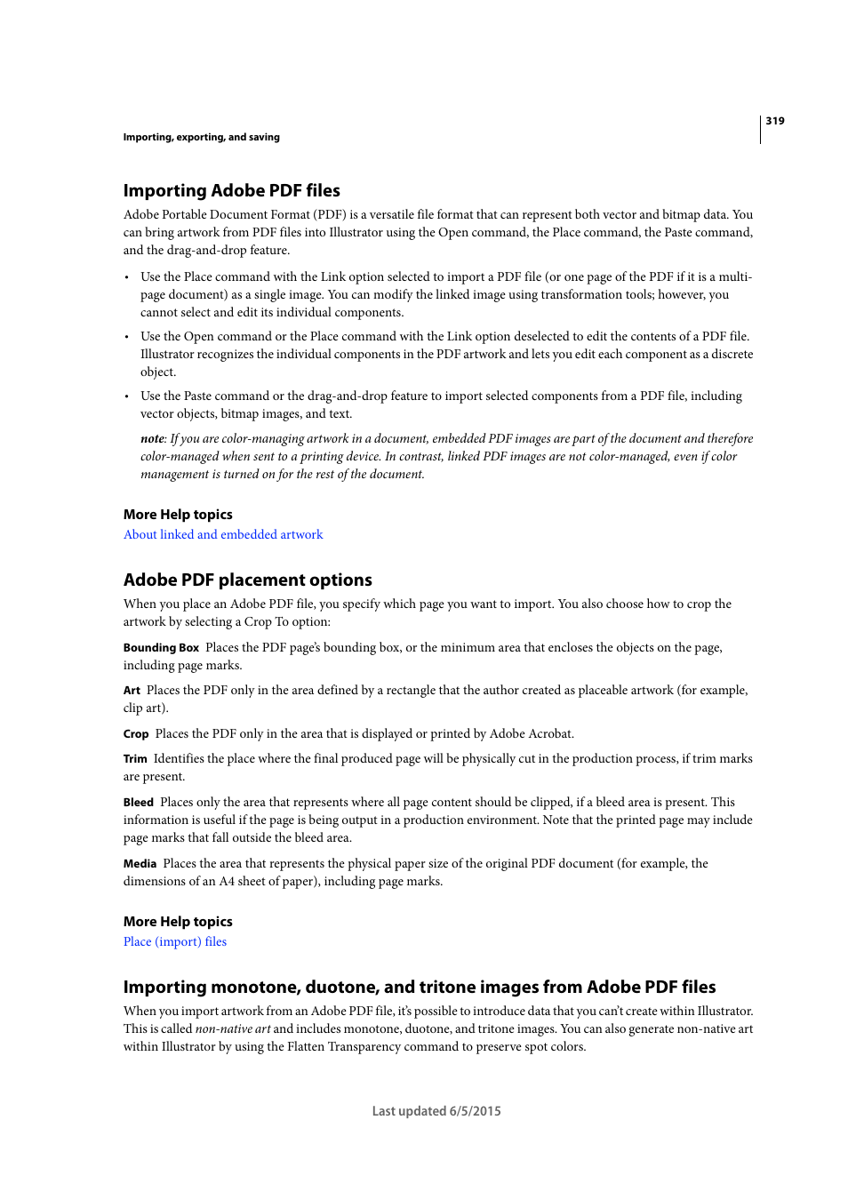 Importing adobe pdf files, Adobe pdf placement options | Adobe Illustrator CC 2015 User Manual | Page 324 / 556