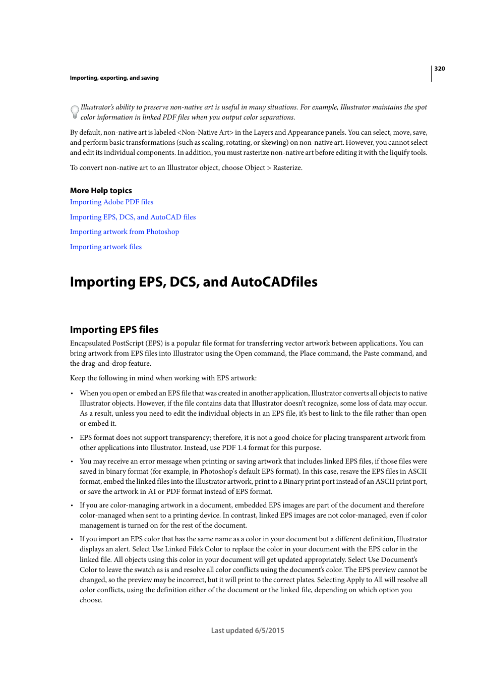 Importing eps, dcs, and autocadfiles, Importing eps files | Adobe Illustrator CC 2015 User Manual | Page 325 / 556