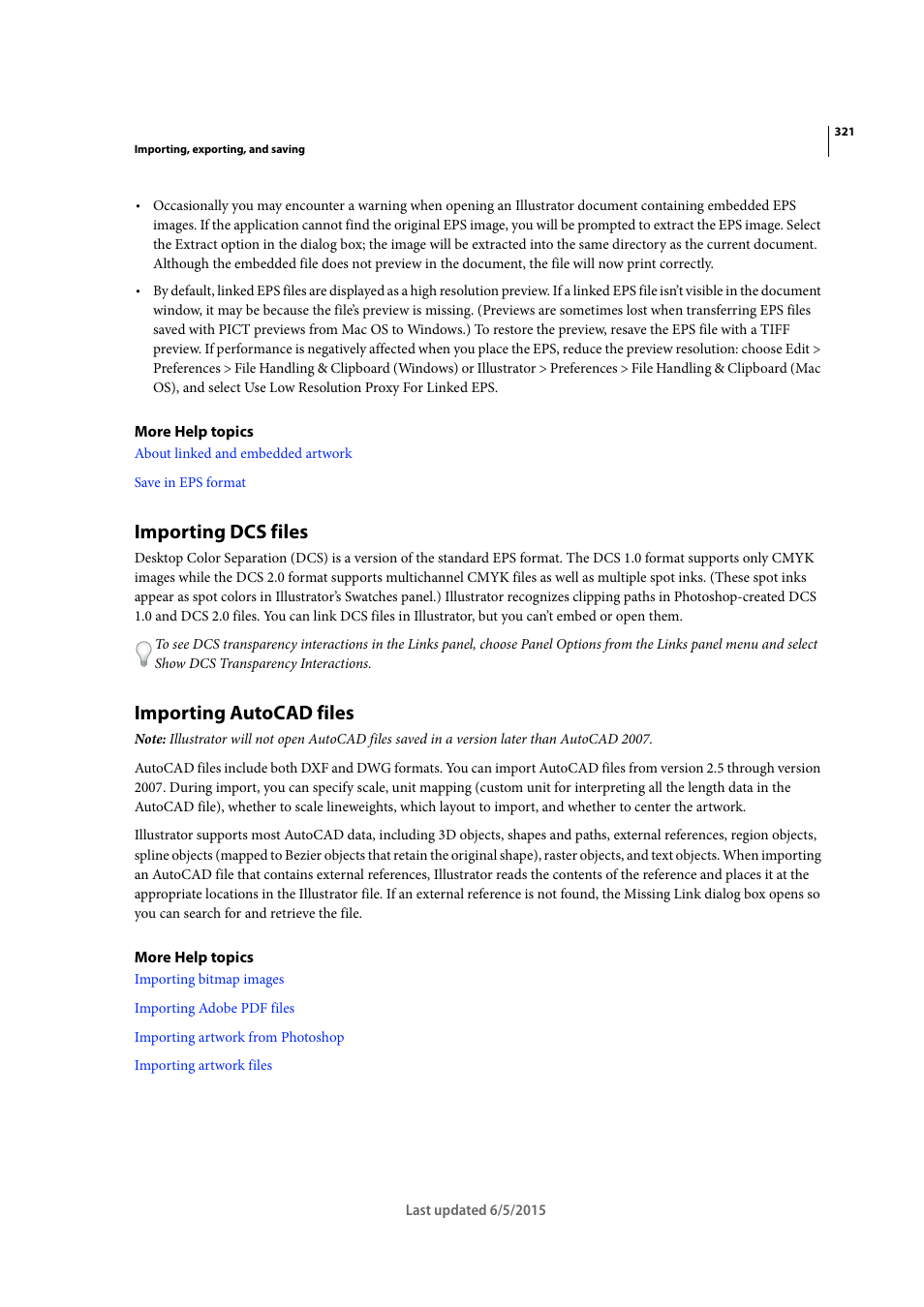 Importing dcs files, Importing autocad files | Adobe Illustrator CC 2015 User Manual | Page 326 / 556