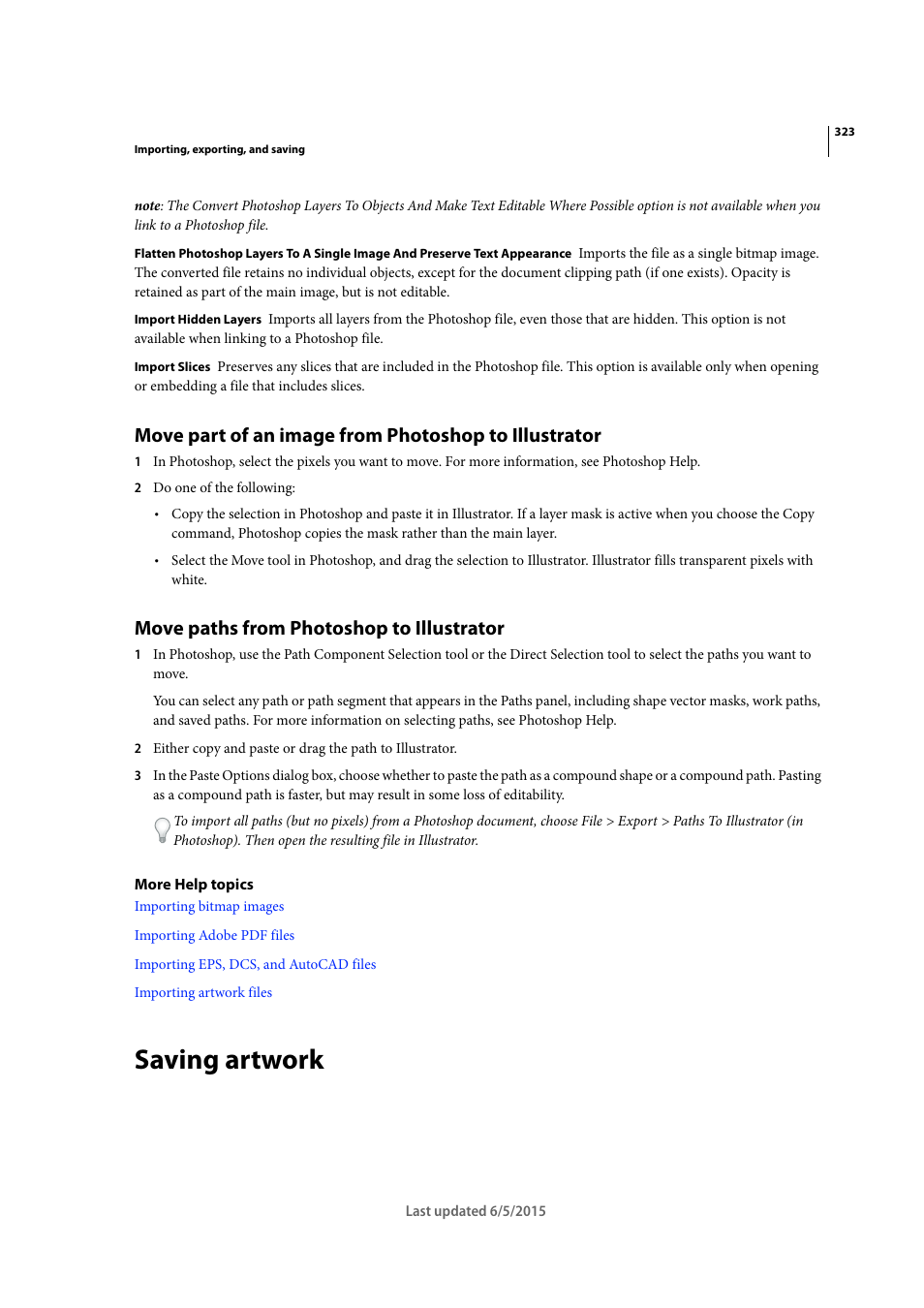 Move paths from photoshop to illustrator, Saving artwork | Adobe Illustrator CC 2015 User Manual | Page 328 / 556