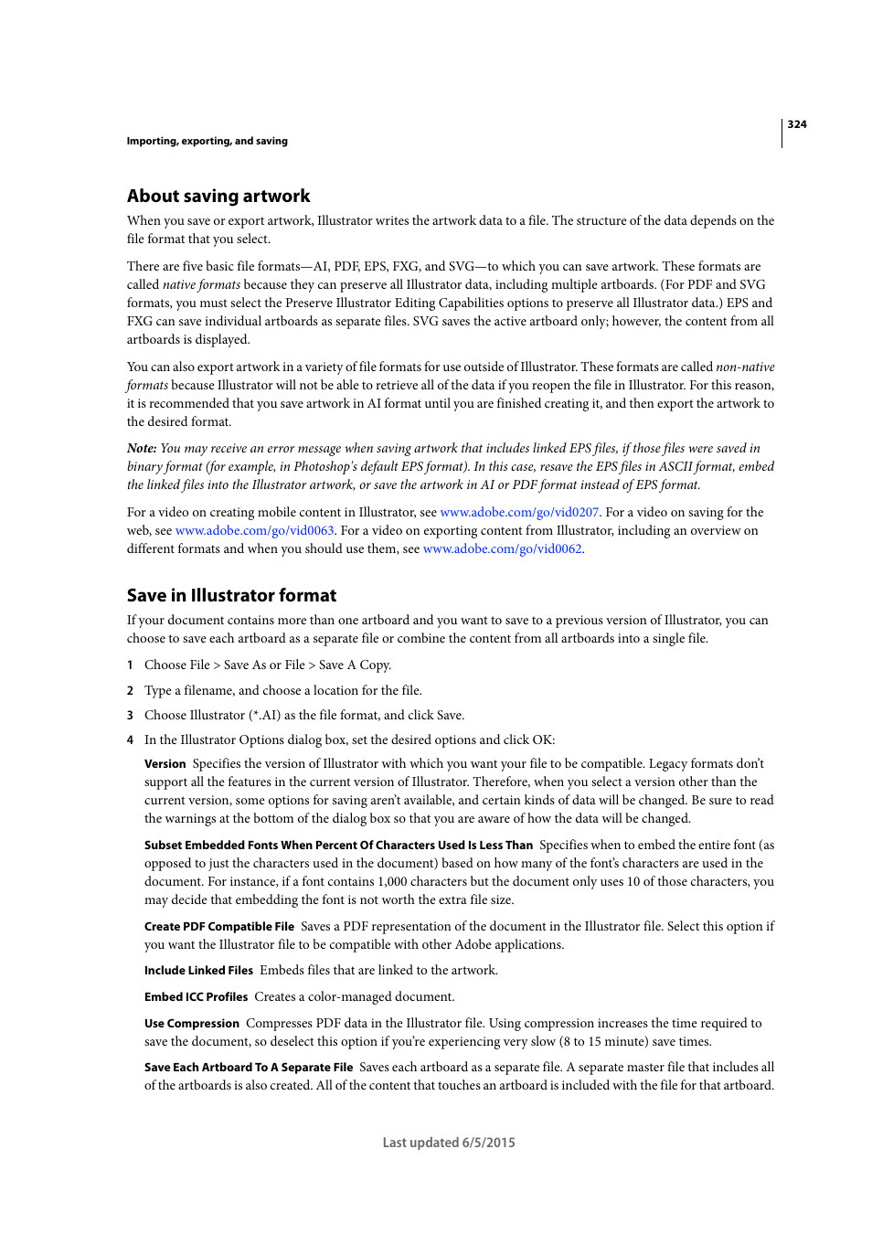About saving artwork, Save in illustrator format | Adobe Illustrator CC 2015 User Manual | Page 329 / 556