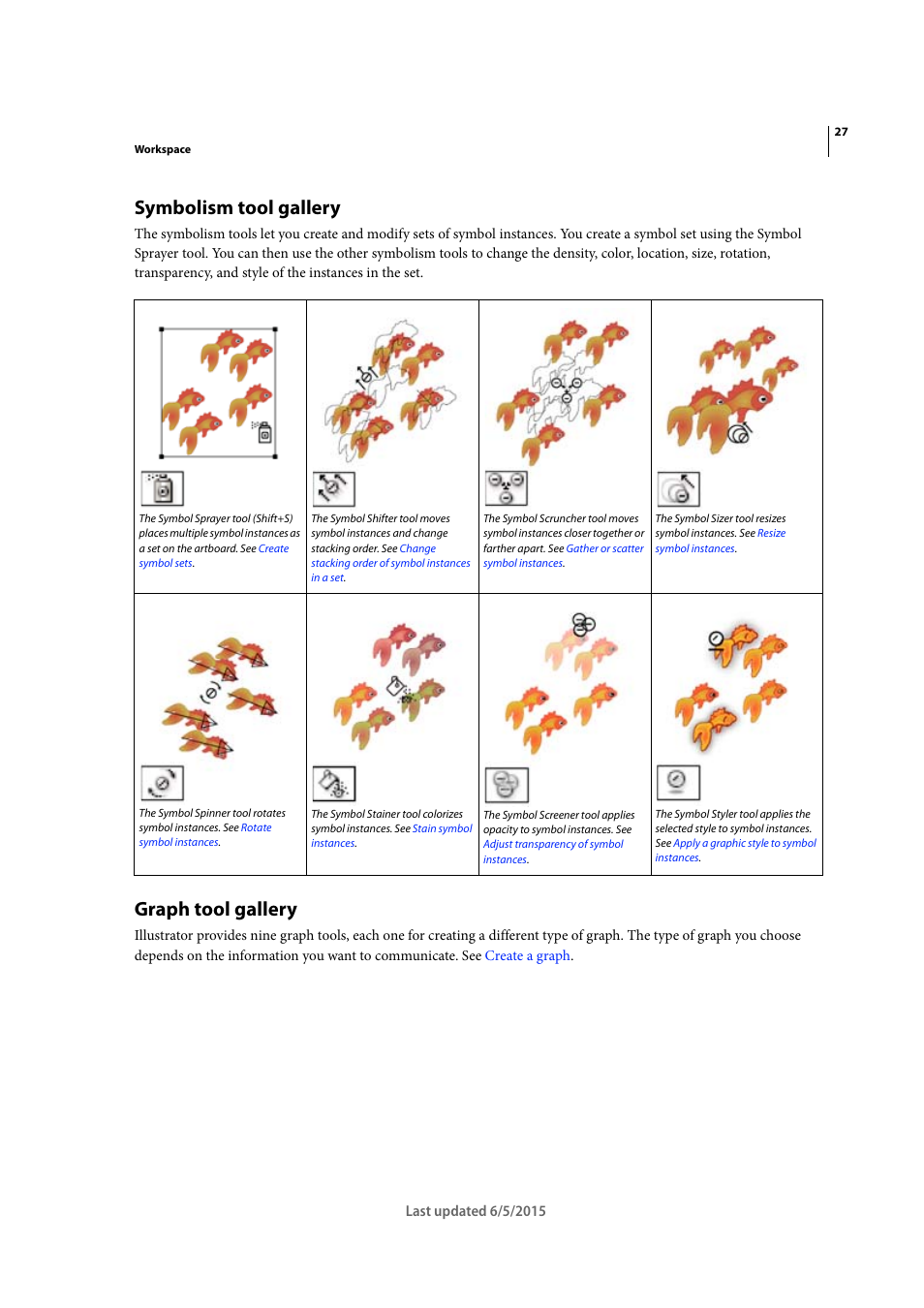 Symbolism tool gallery, Graph tool gallery | Adobe Illustrator CC 2015 User Manual | Page 33 / 556
