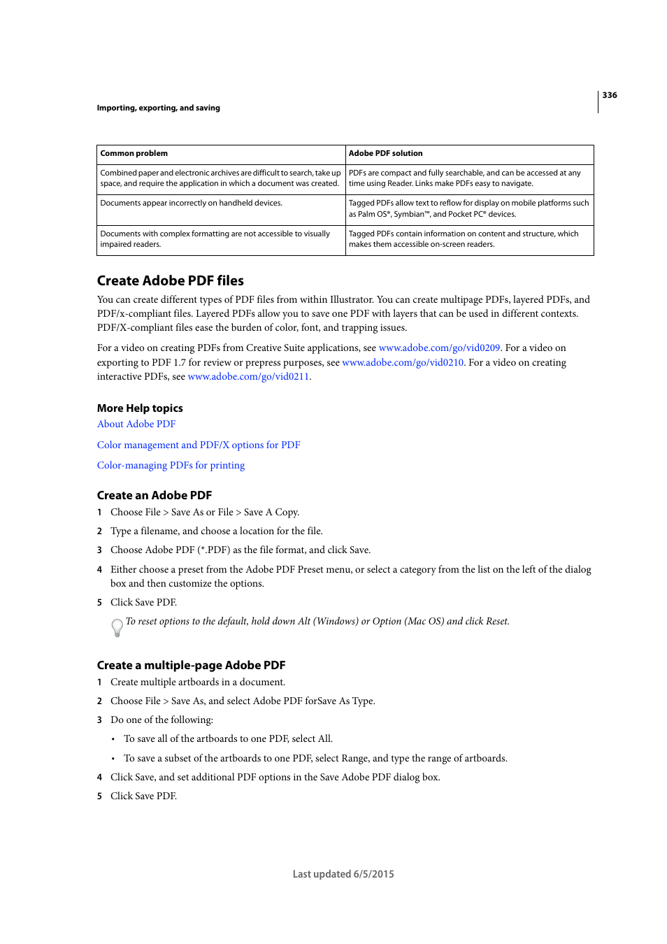 Create adobe pdf files, Create an adobe pdf | Adobe Illustrator CC 2015 User Manual | Page 341 / 556