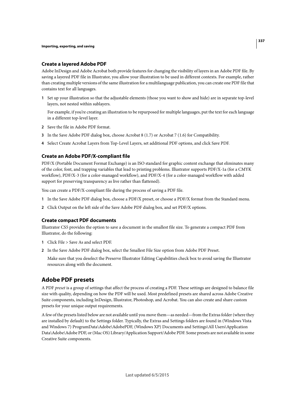 Create a layered adobe pdf, Create an adobe pdf/x-compliant file, Create compact pdf documents | Adobe pdf presets | Adobe Illustrator CC 2015 User Manual | Page 342 / 556