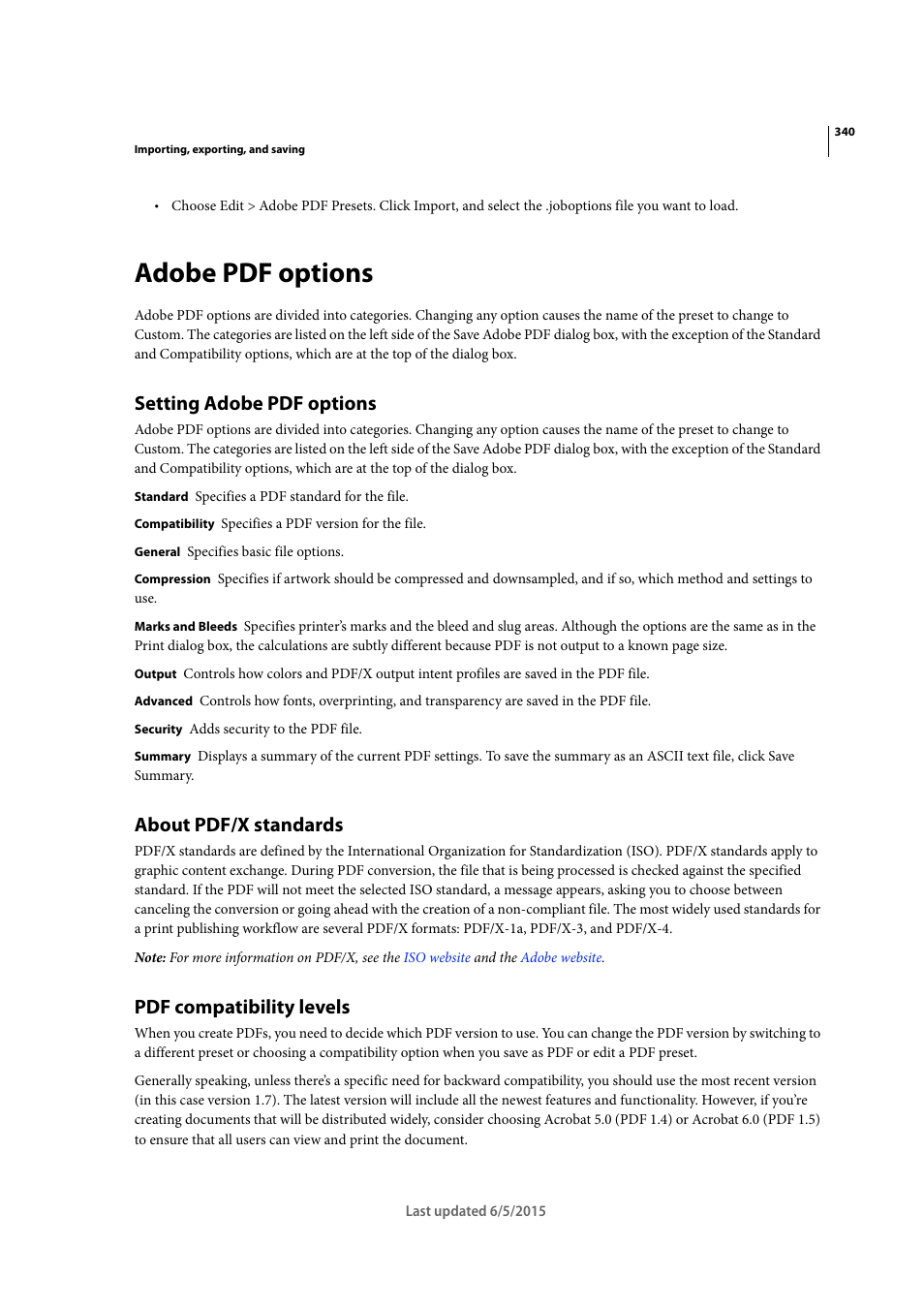 Adobe pdf options, Setting adobe pdf options, About pdf/x standards | Pdf compatibility levels | Adobe Illustrator CC 2015 User Manual | Page 345 / 556