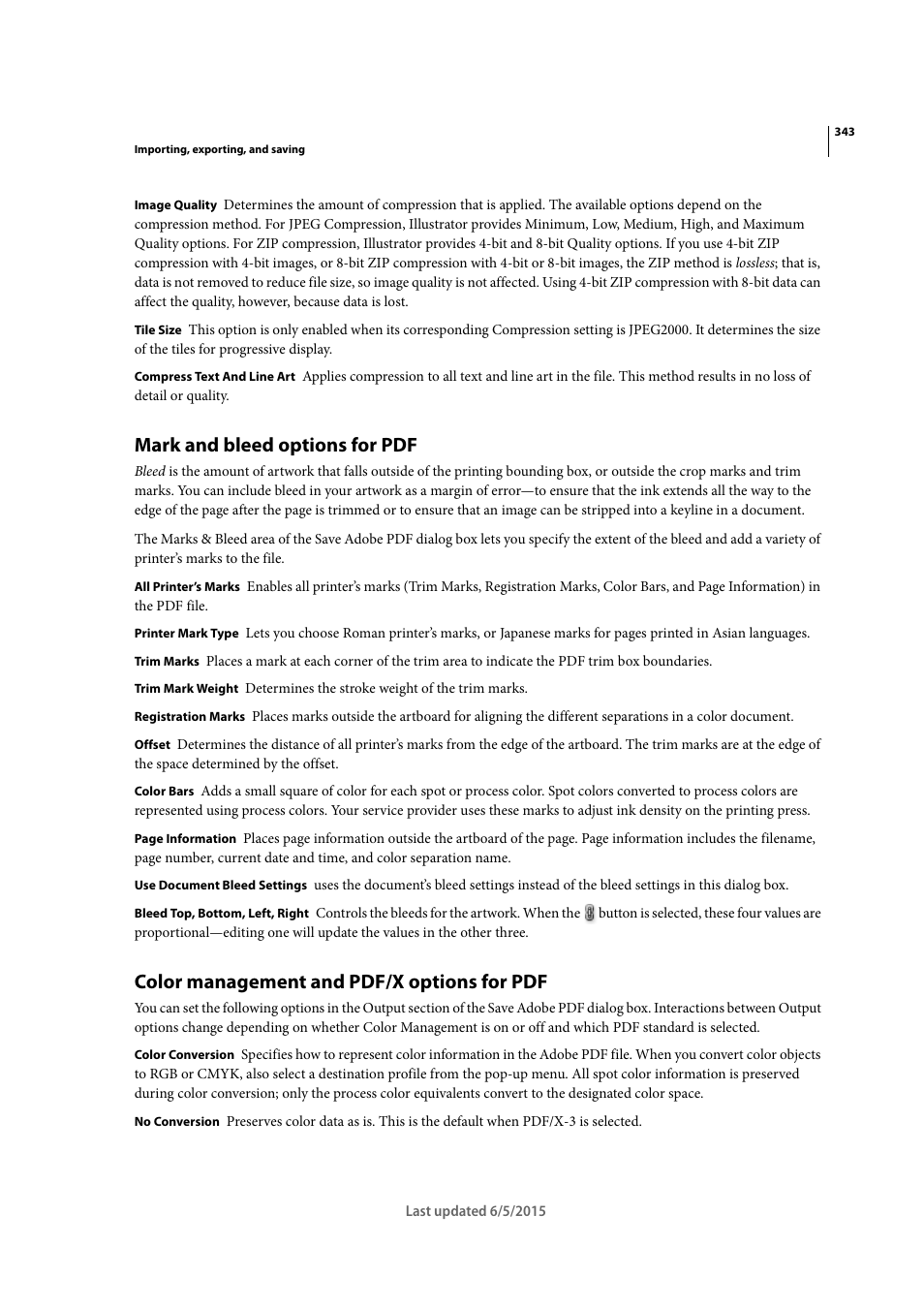 Mark and bleed options for pdf, Color management and pdf/x options for pdf | Adobe Illustrator CC 2015 User Manual | Page 348 / 556