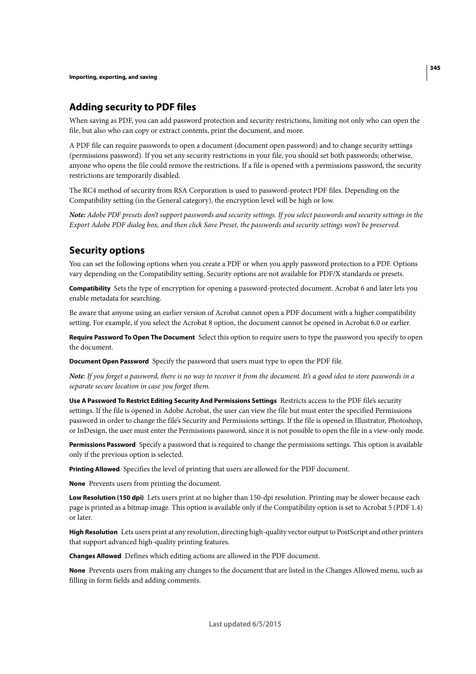 Adding security to pdf files, Security options | Adobe Illustrator CC 2015 User Manual | Page 350 / 556