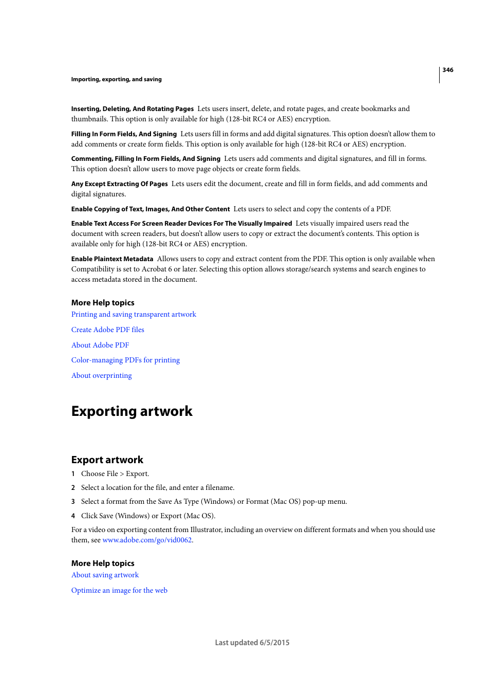 Exporting artwork, Export artwork | Adobe Illustrator CC 2015 User Manual | Page 351 / 556