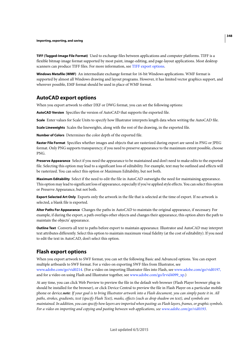 Autocad export options, Flash export options, Autocad export | Options | Adobe Illustrator CC 2015 User Manual | Page 353 / 556