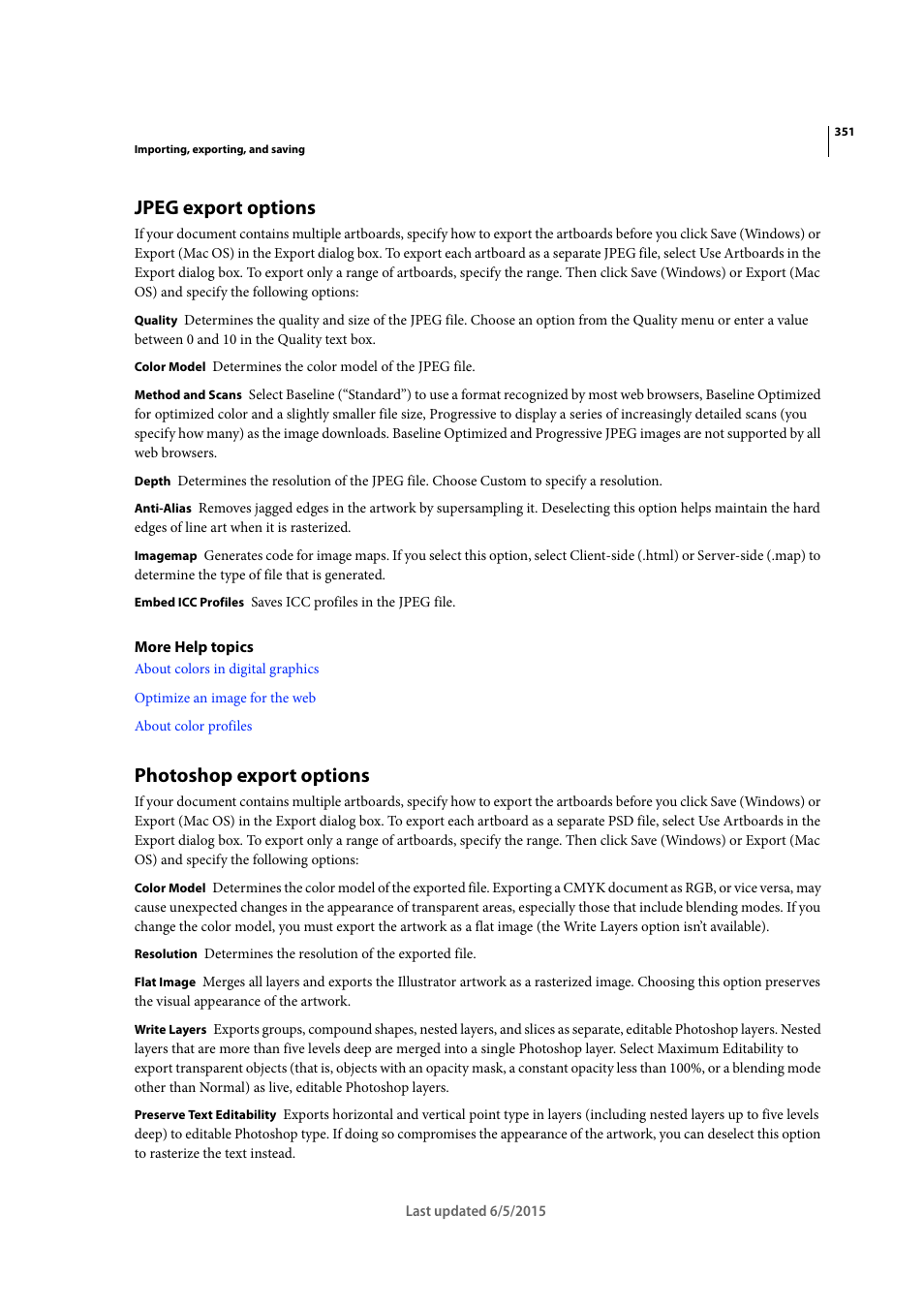 Jpeg export options, Photoshop export options, Photoshop | Export options | Adobe Illustrator CC 2015 User Manual | Page 356 / 556