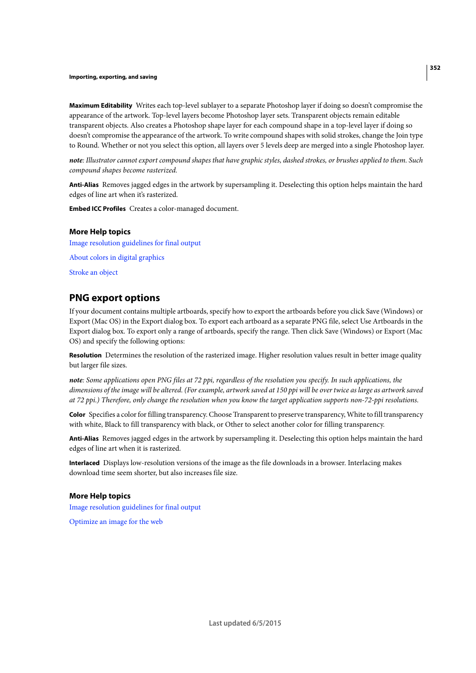 Png export options, Export options | Adobe Illustrator CC 2015 User Manual | Page 357 / 556