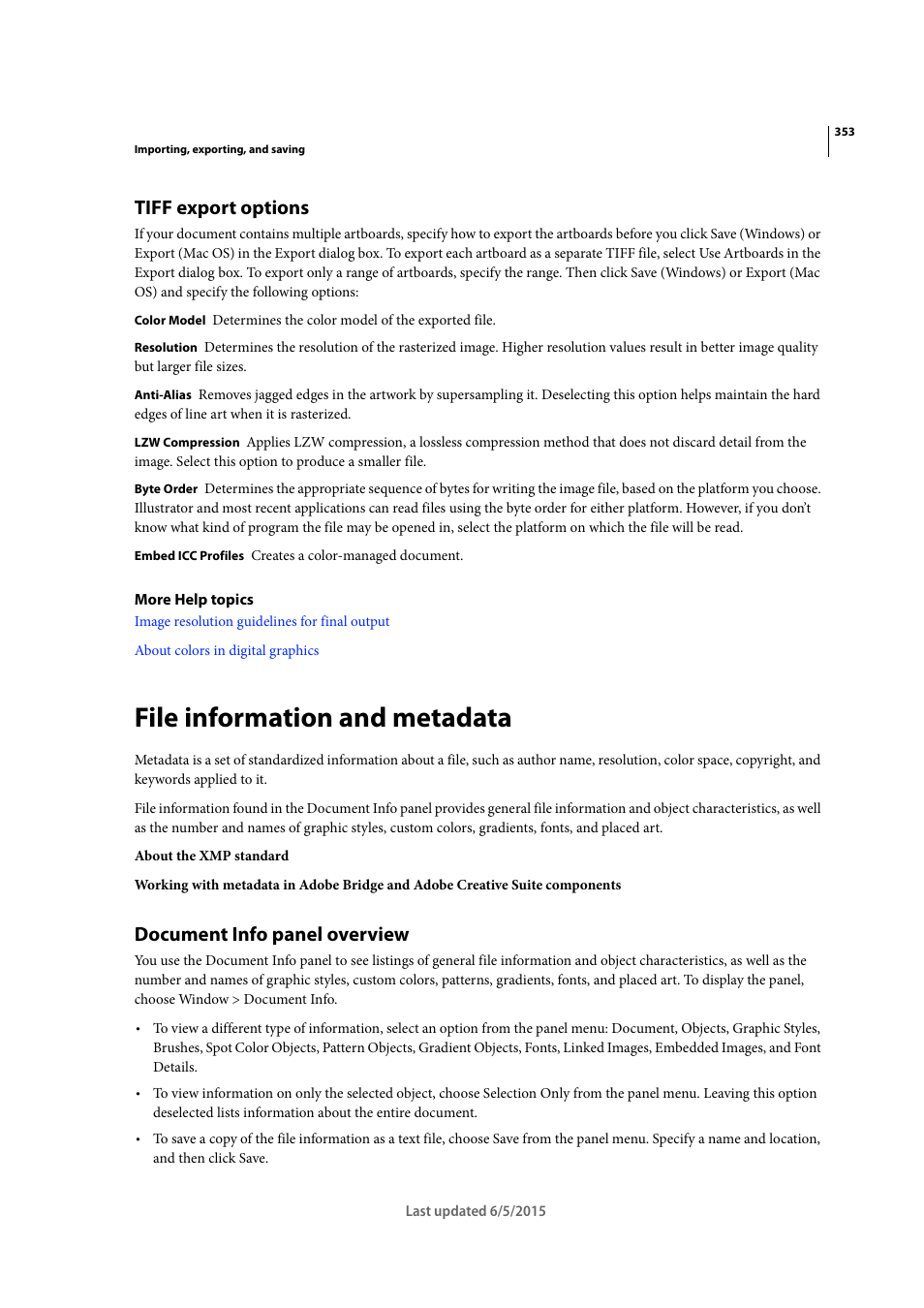 Tiff export options, File information and metadata, Document info panel overview | Adobe Illustrator CC 2015 User Manual | Page 358 / 556