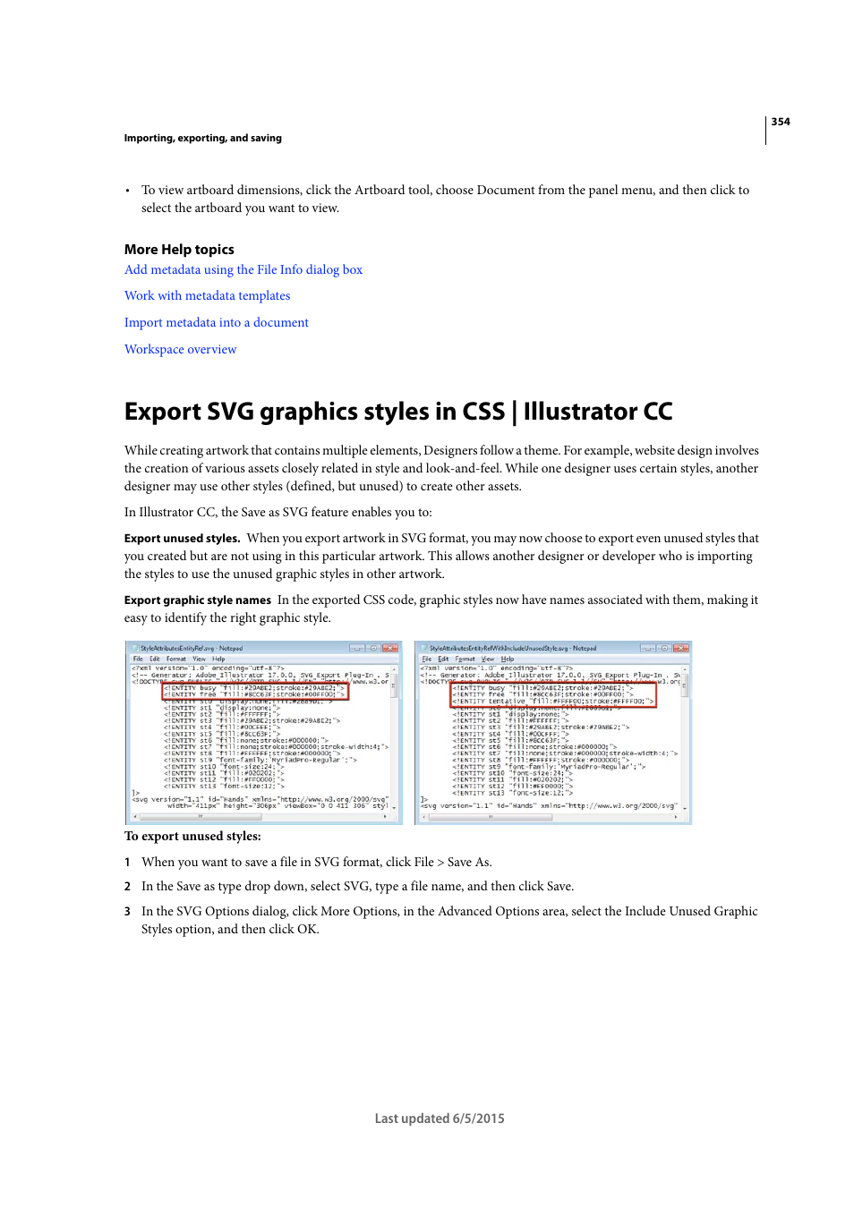 Export svg graphics styles in css | illustrator cc | Adobe Illustrator CC 2015 User Manual | Page 359 / 556
