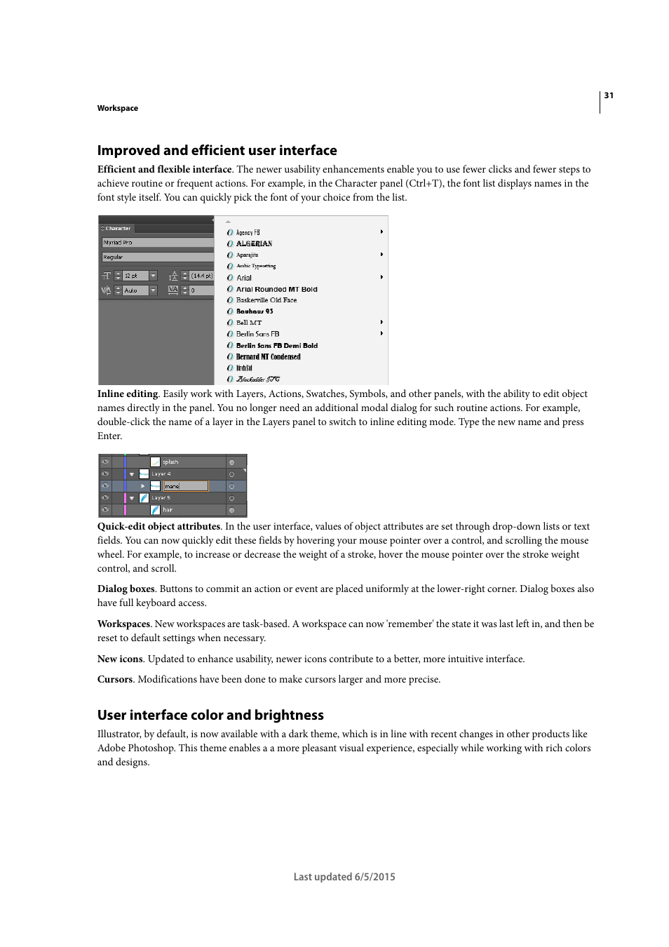 Improved and efficient user interface, User interface color and brightness | Adobe Illustrator CC 2015 User Manual | Page 36 / 556