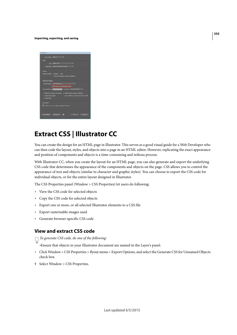 Extract css | illustrator cc, View and extract css code | Adobe Illustrator CC 2015 User Manual | Page 360 / 556