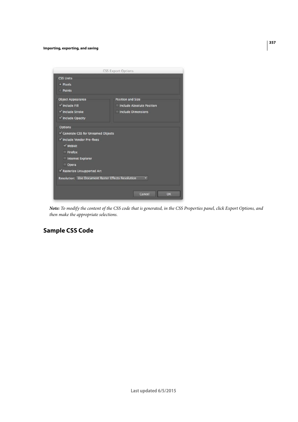 Sample css code | Adobe Illustrator CC 2015 User Manual | Page 362 / 556