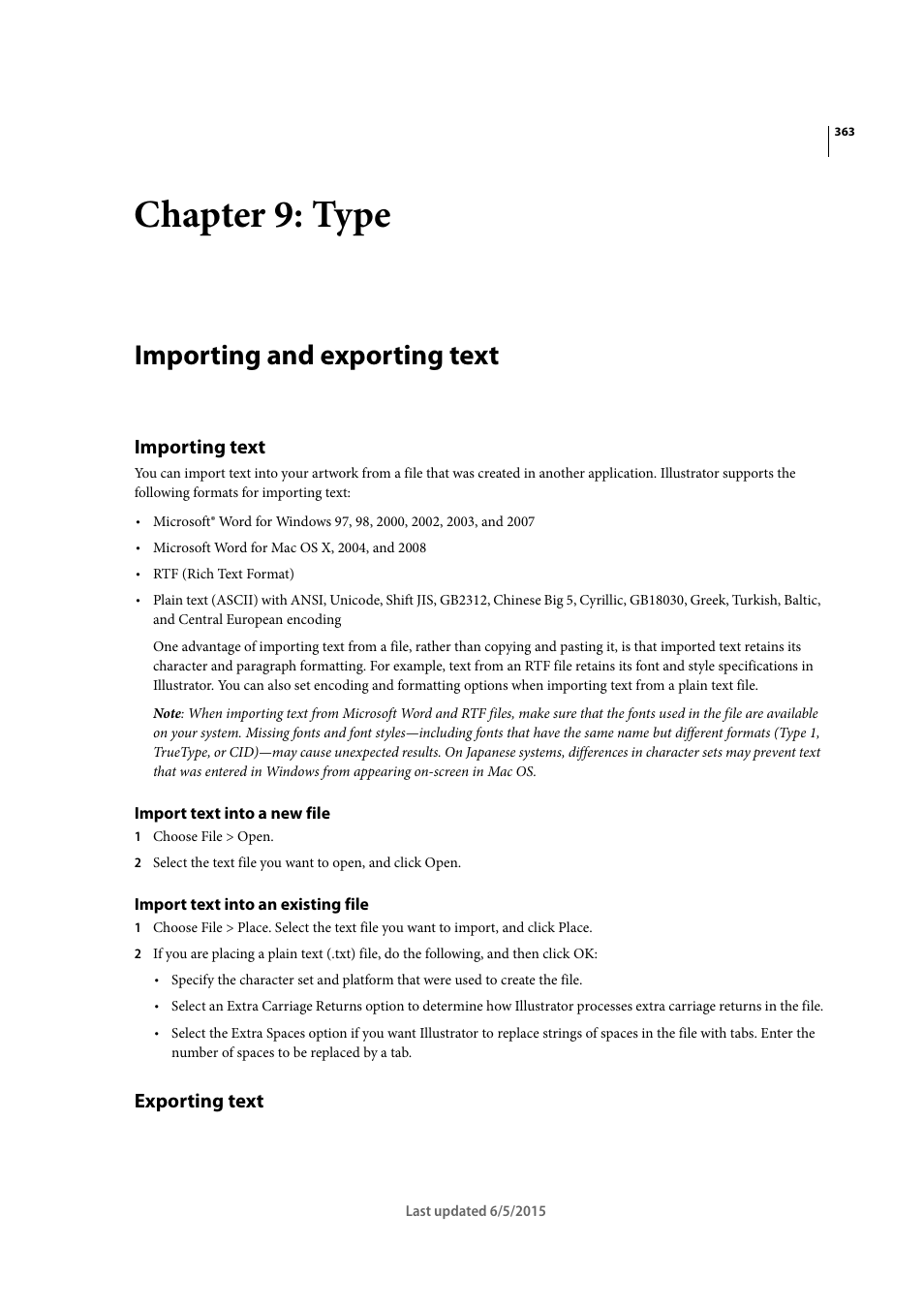 Chapter 9: type, Importing and exporting text, Importing text | Import text into a new file, Import text into an existing file, Exporting text | Adobe Illustrator CC 2015 User Manual | Page 368 / 556