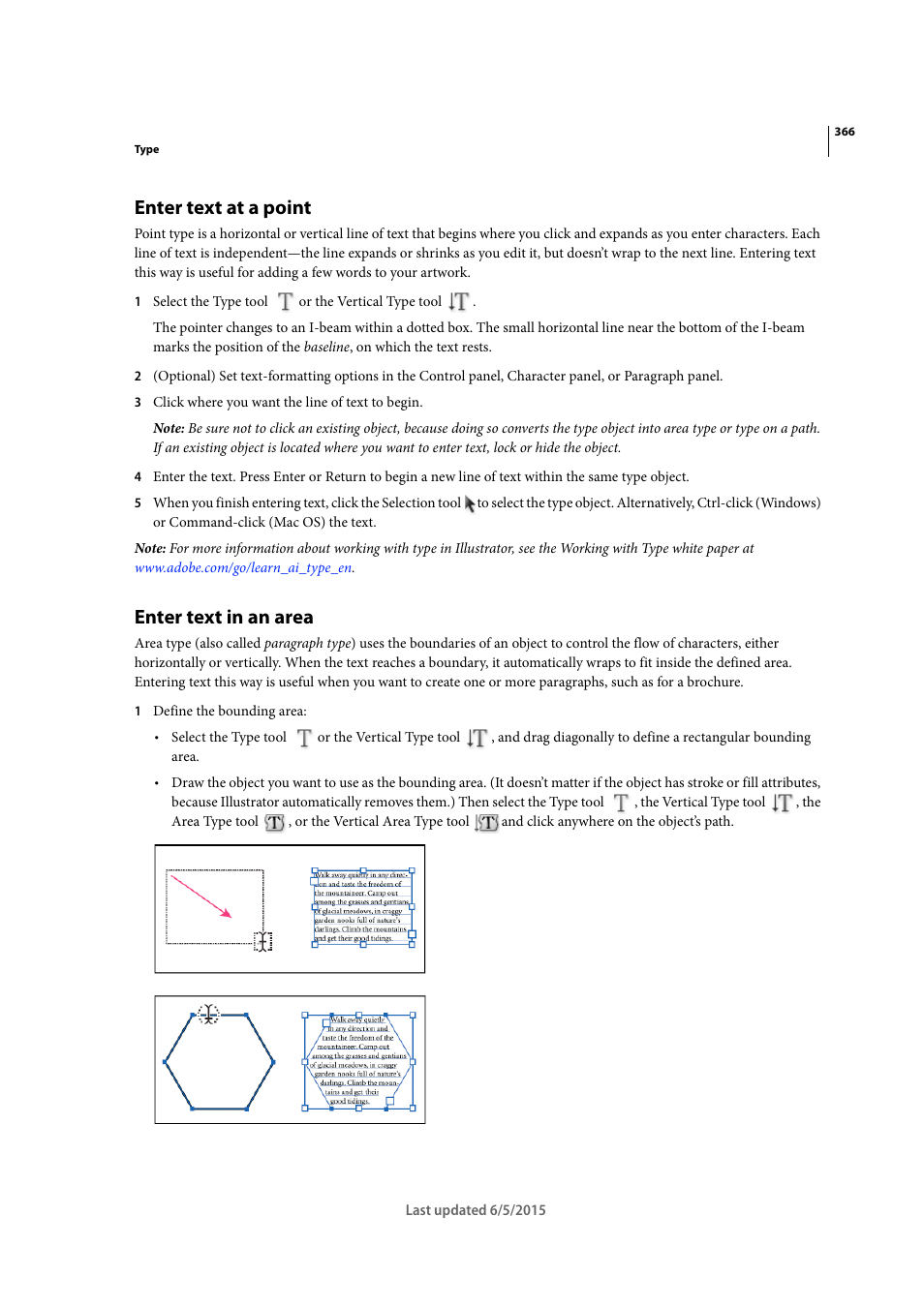 Enter text at a point, Enter text in an area, Enter | Text in an area, Enter text in, An area, Enter text, In an area | Adobe Illustrator CC 2015 User Manual | Page 371 / 556