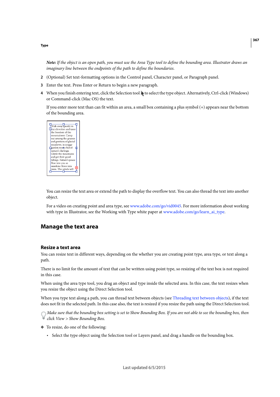 Manage the text area, Resize a text area | Adobe Illustrator CC 2015 User Manual | Page 372 / 556