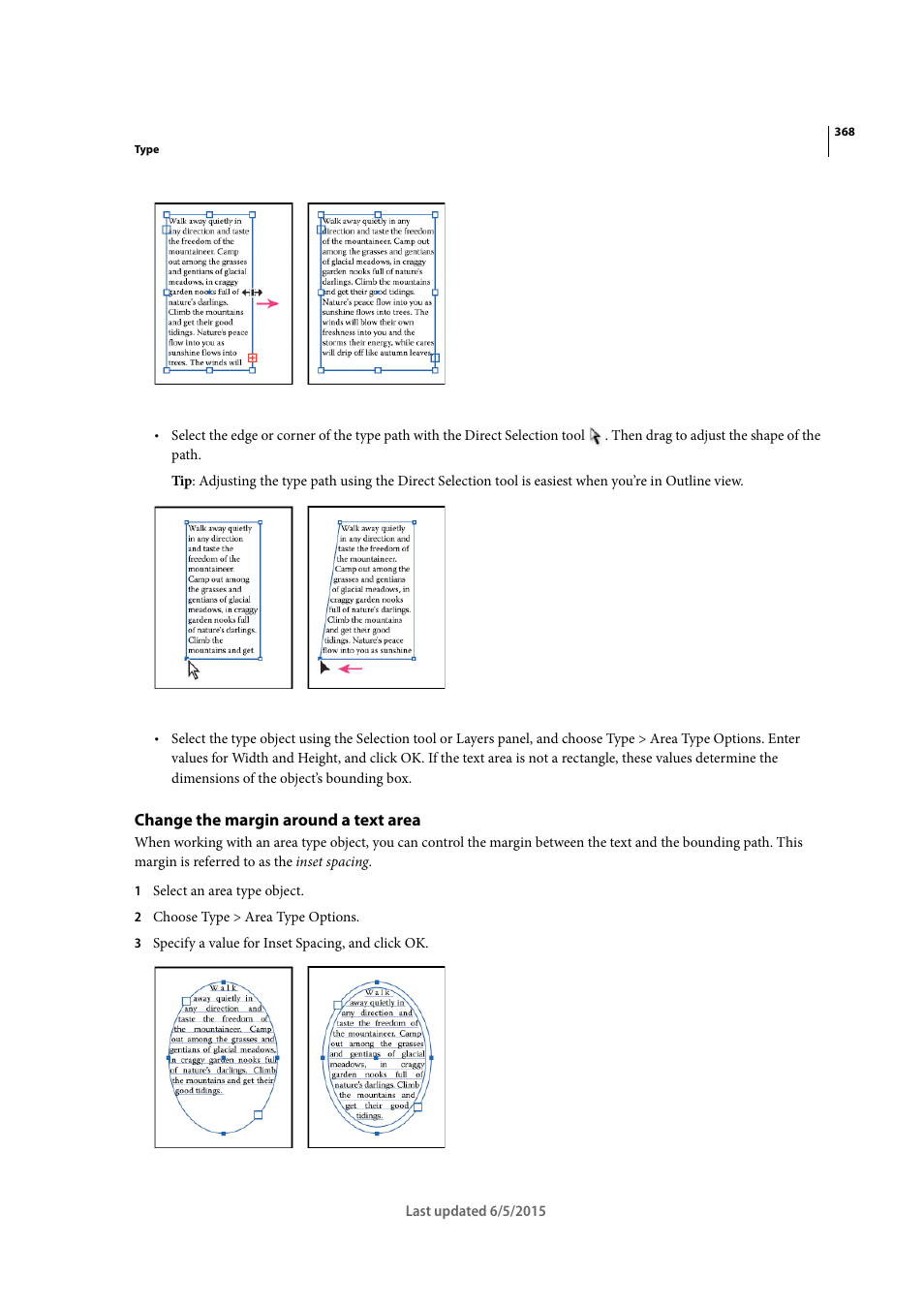 Change the margin around a text area | Adobe Illustrator CC 2015 User Manual | Page 373 / 556