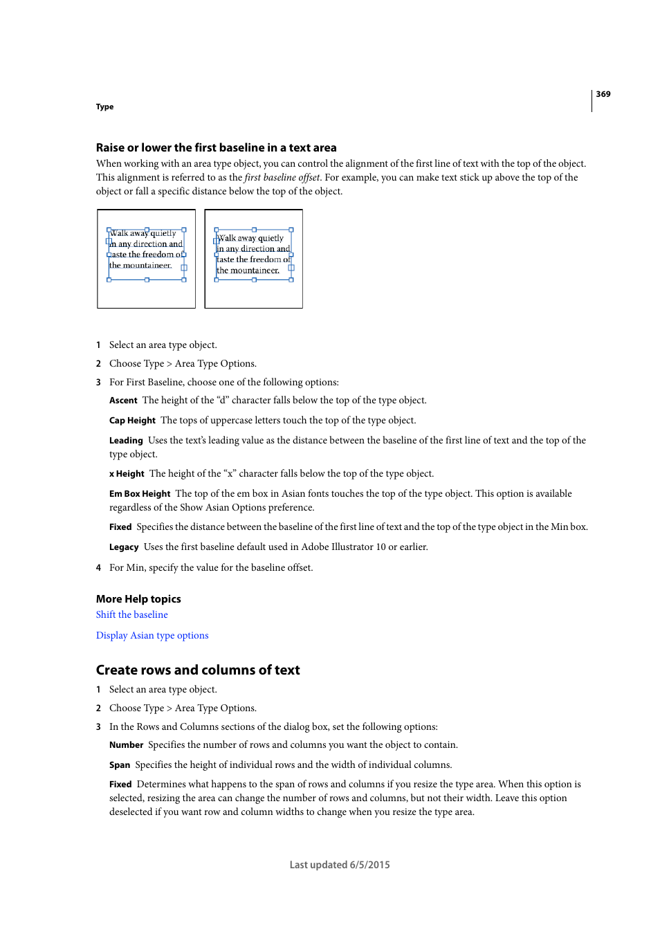 Raise or lower the first baseline in a text area, Create rows and columns of text | Adobe Illustrator CC 2015 User Manual | Page 374 / 556