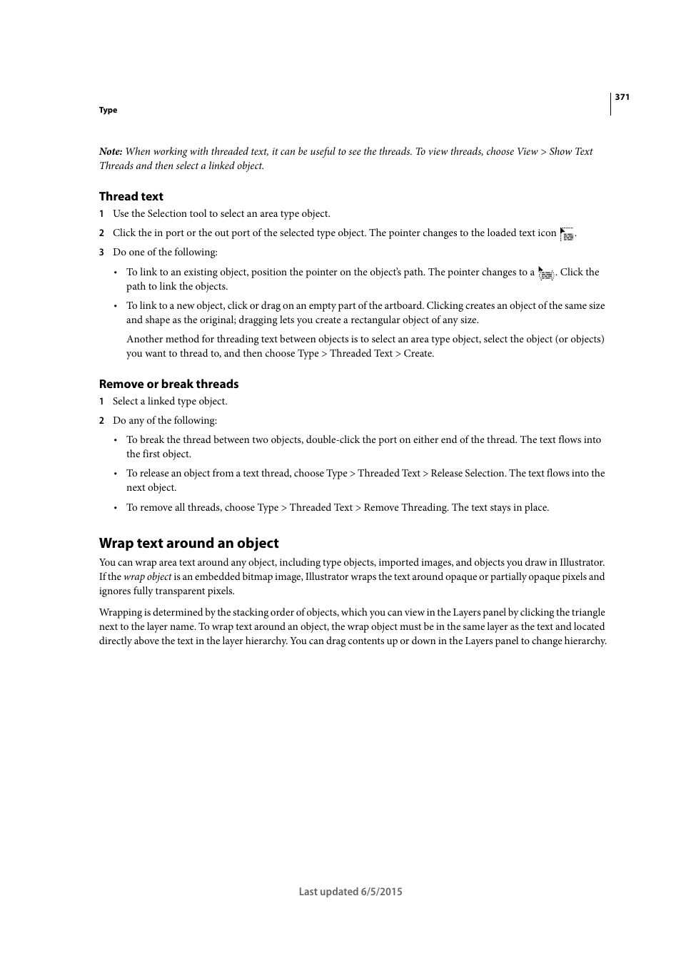 Thread text, Remove or break threads, Wrap text around an object | Adobe Illustrator CC 2015 User Manual | Page 376 / 556