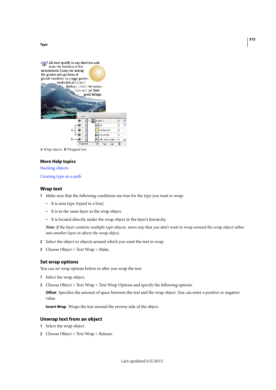 Wrap text, Set wrap options, Unwrap text from an object | Adobe Illustrator CC 2015 User Manual | Page 377 / 556
