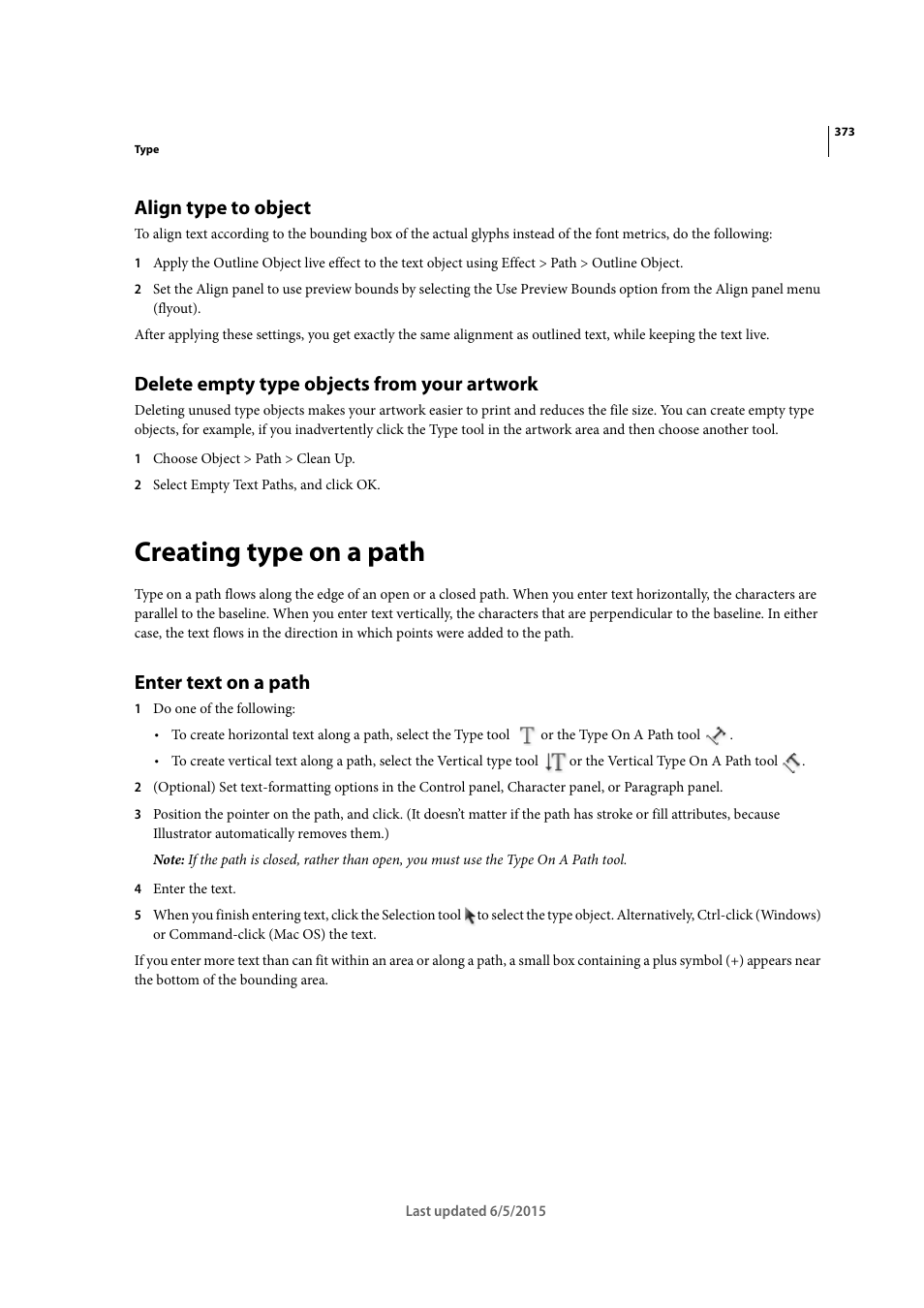 Align type to object, Delete empty type objects from your artwork, Creating type on a path | Enter text on a path | Adobe Illustrator CC 2015 User Manual | Page 378 / 556