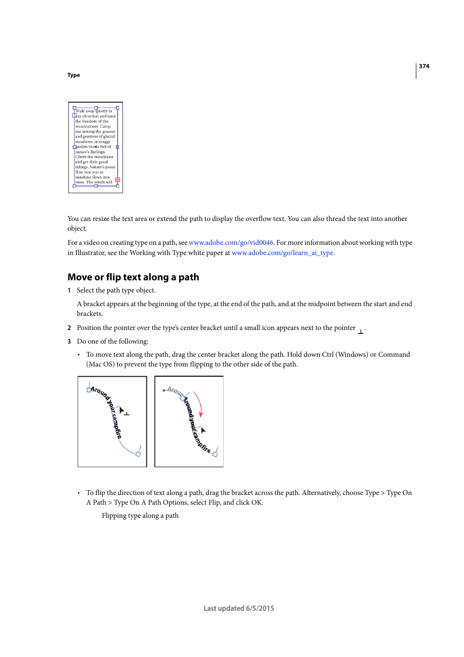 Move or flip text along a path | Adobe Illustrator CC 2015 User Manual | Page 379 / 556
