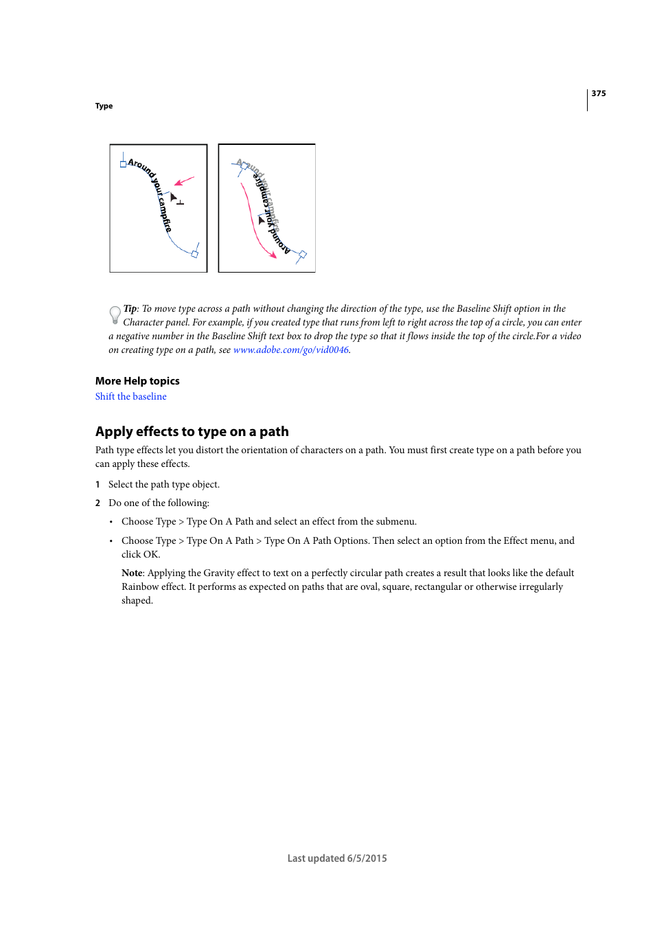 Apply effects to type on a path | Adobe Illustrator CC 2015 User Manual | Page 380 / 556