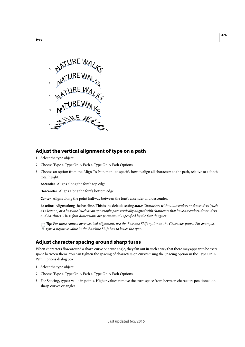 Adjust the vertical alignment of type on a path, Adjust character spacing around sharp turns | Adobe Illustrator CC 2015 User Manual | Page 381 / 556