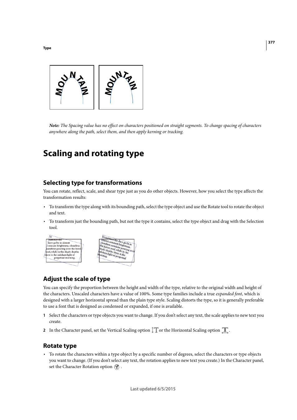 Scaling and rotating type, Selecting type for transformations, Adjust the scale of type | Rotate type | Adobe Illustrator CC 2015 User Manual | Page 382 / 556