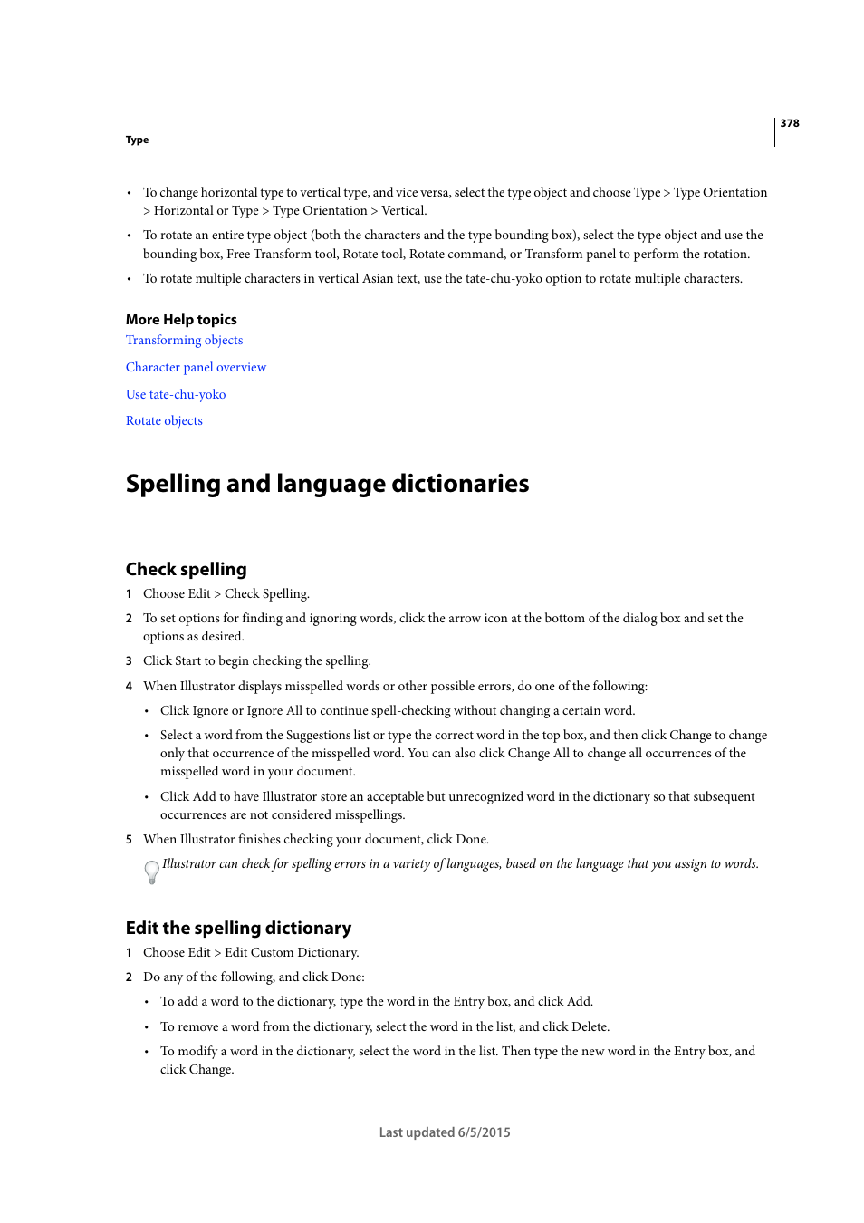 Spelling and language dictionaries, Check spelling, Edit the spelling dictionary | Adobe Illustrator CC 2015 User Manual | Page 383 / 556