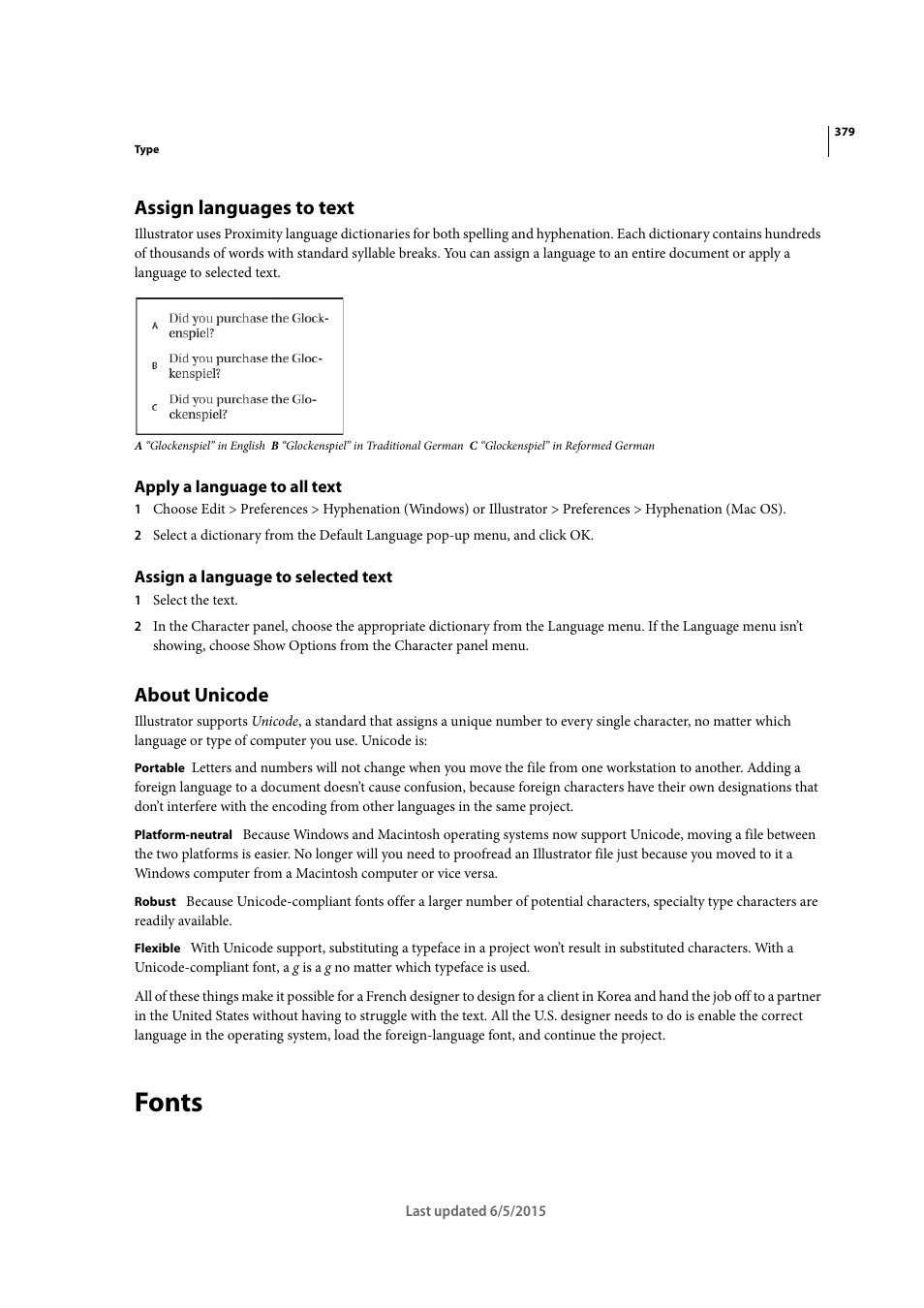 Assign languages to text, Apply a language to all text, Assign a language to selected text | About unicode, Fonts | Adobe Illustrator CC 2015 User Manual | Page 384 / 556