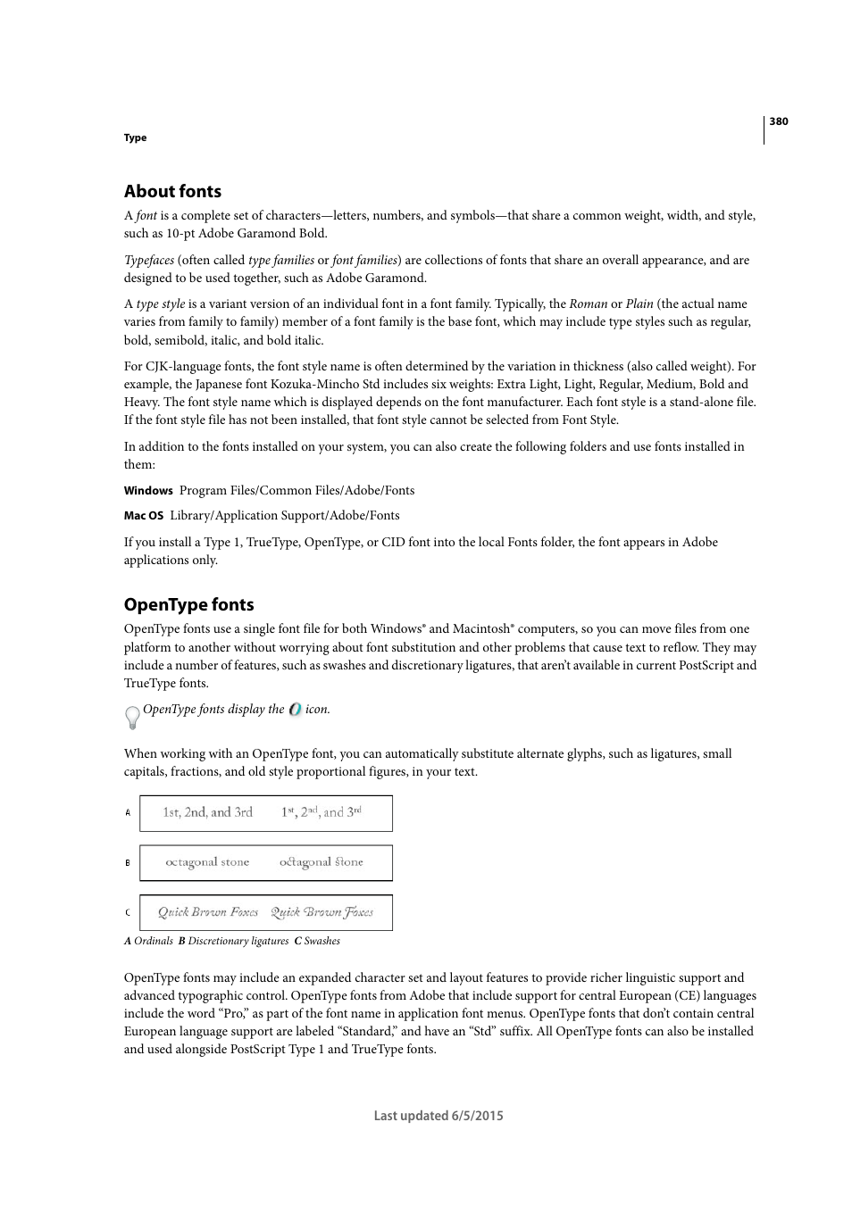 About fonts, Opentype fonts | Adobe Illustrator CC 2015 User Manual | Page 385 / 556