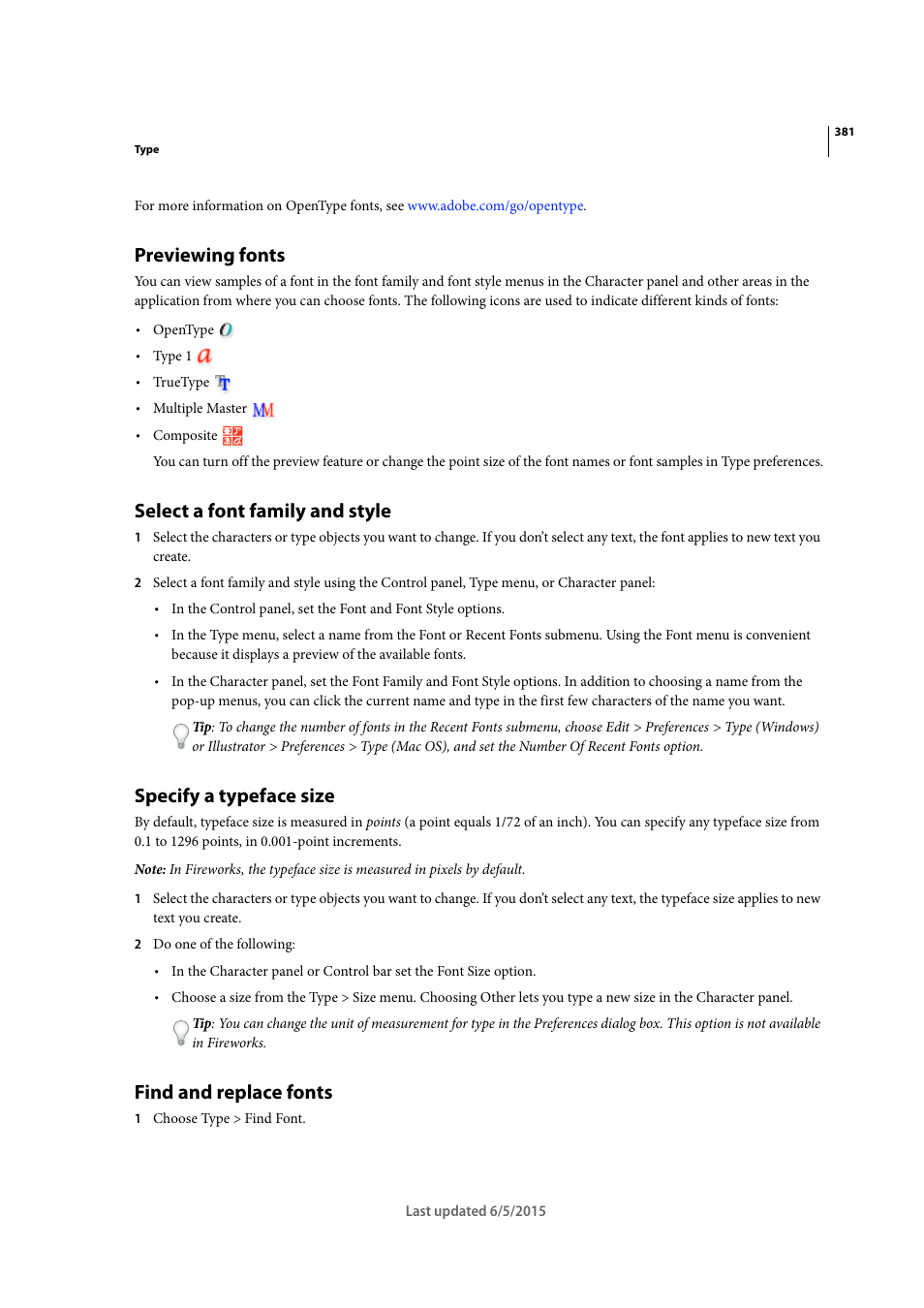 Previewing fonts, Select a font family and style, Specify a typeface size | Find and replace fonts | Adobe Illustrator CC 2015 User Manual | Page 386 / 556