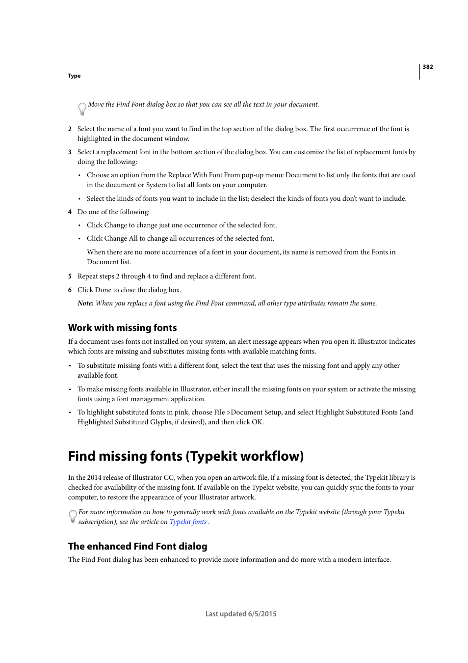 Work with missing fonts, Find missing fonts (typekit workflow), The enhanced find font dialog | Adobe Illustrator CC 2015 User Manual | Page 387 / 556
